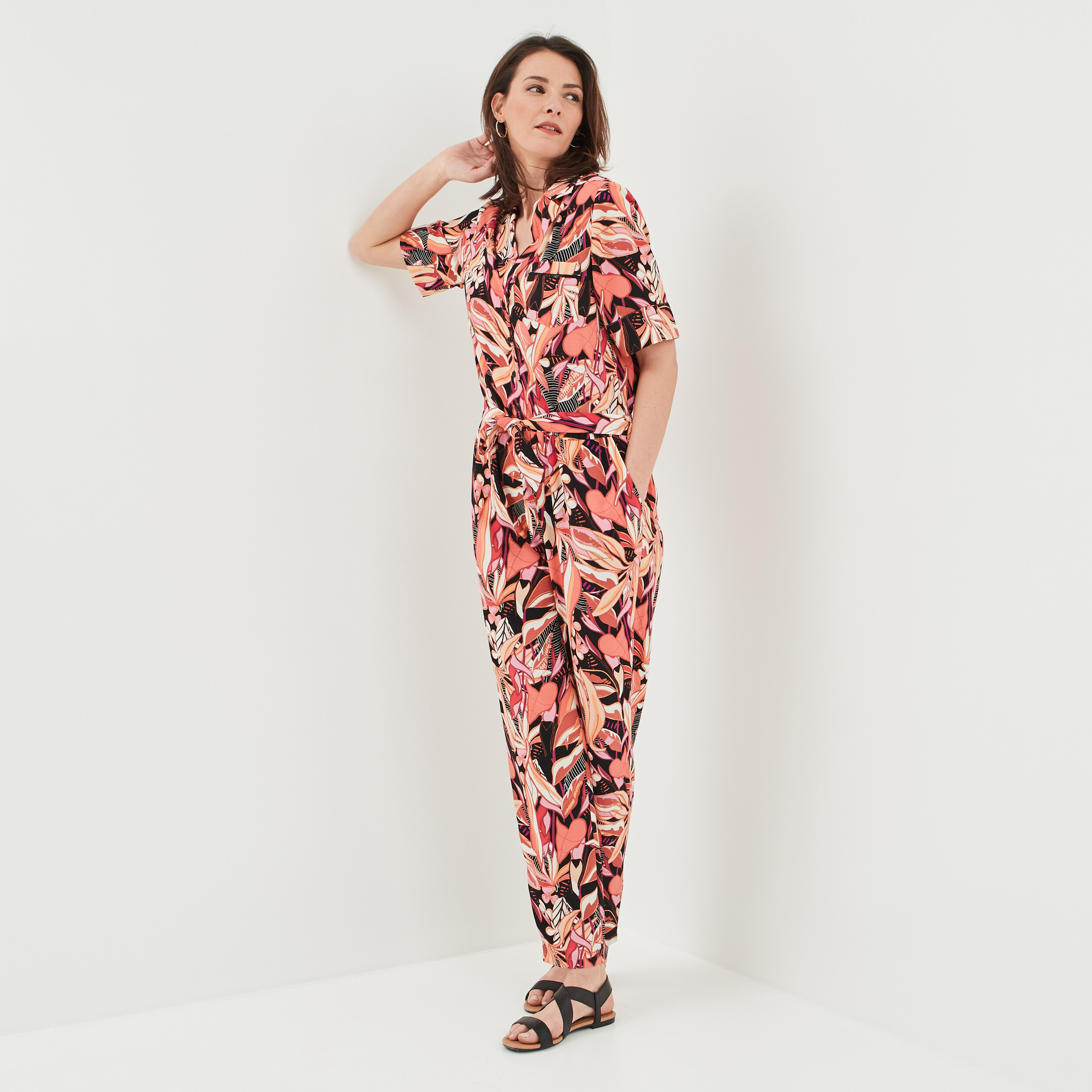 Combinaison pantalon fluide ceinturé noir femme | La Halle