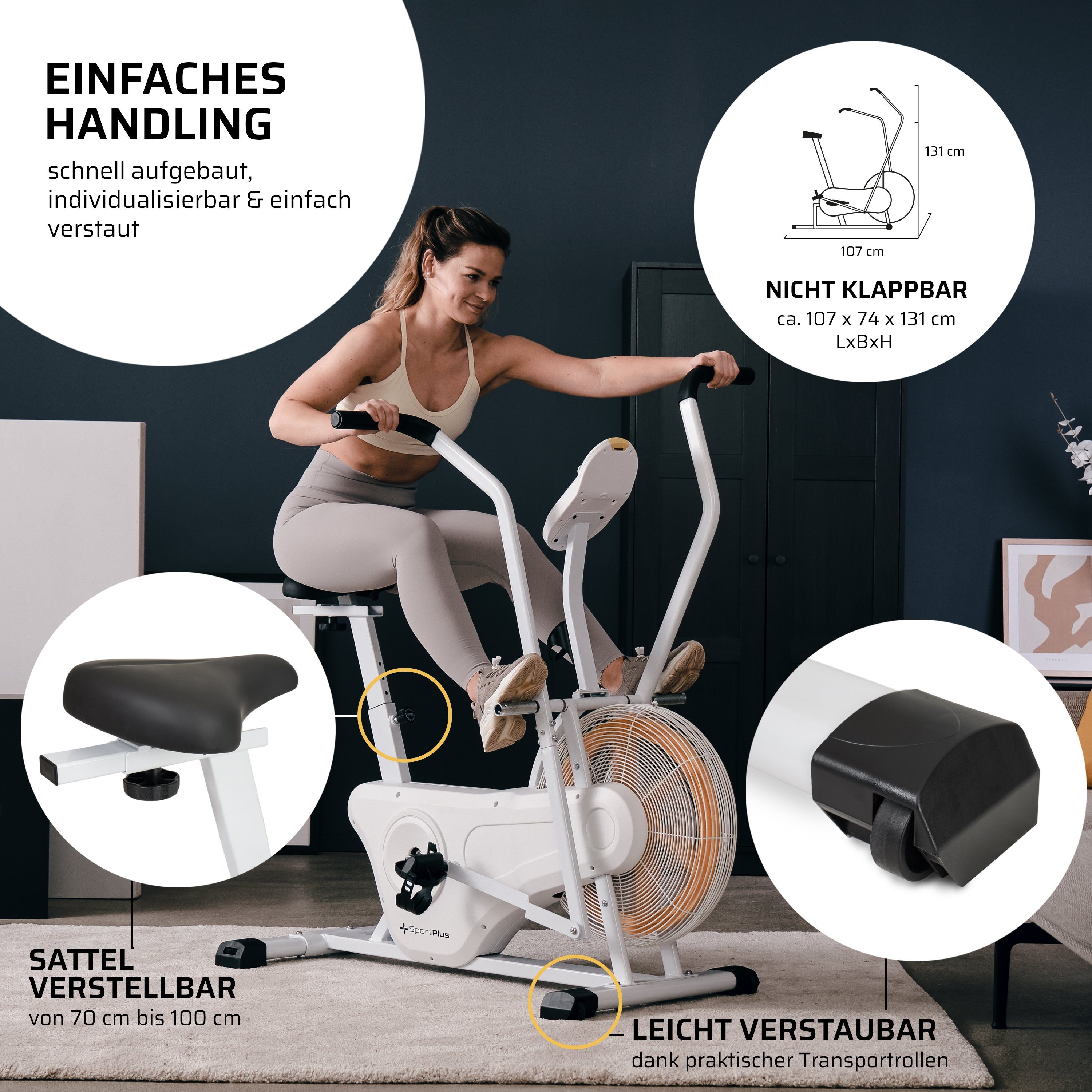 SportPlus Heimtrainer SP-FB-2100-W-iE, Profi Air Bike, Luftwiderstand, Heimtrainer für HIIT, SP-FB-2100-W-iE