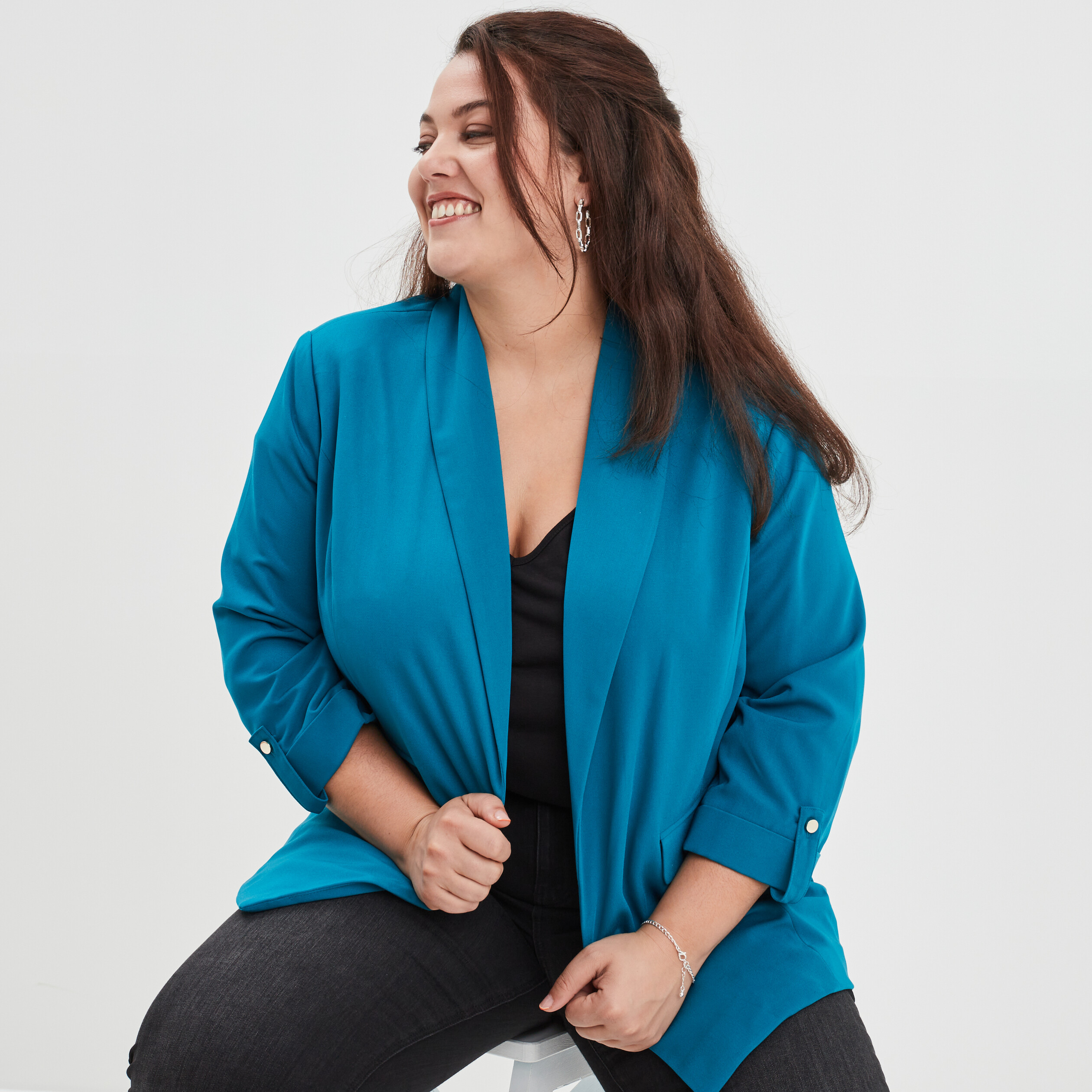 Veste droite manches 3 4 à revers bleu canard femme grande taille | La Halle