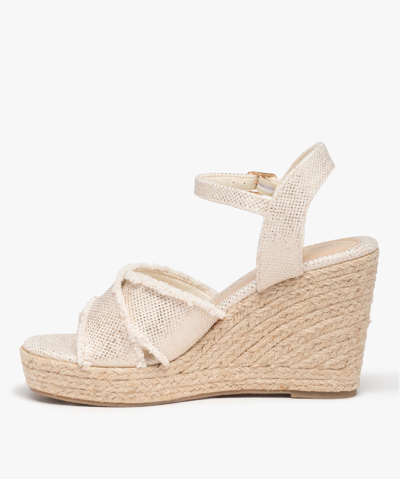 Sandales femme compensées dessus en toile brillante beige | GEMO