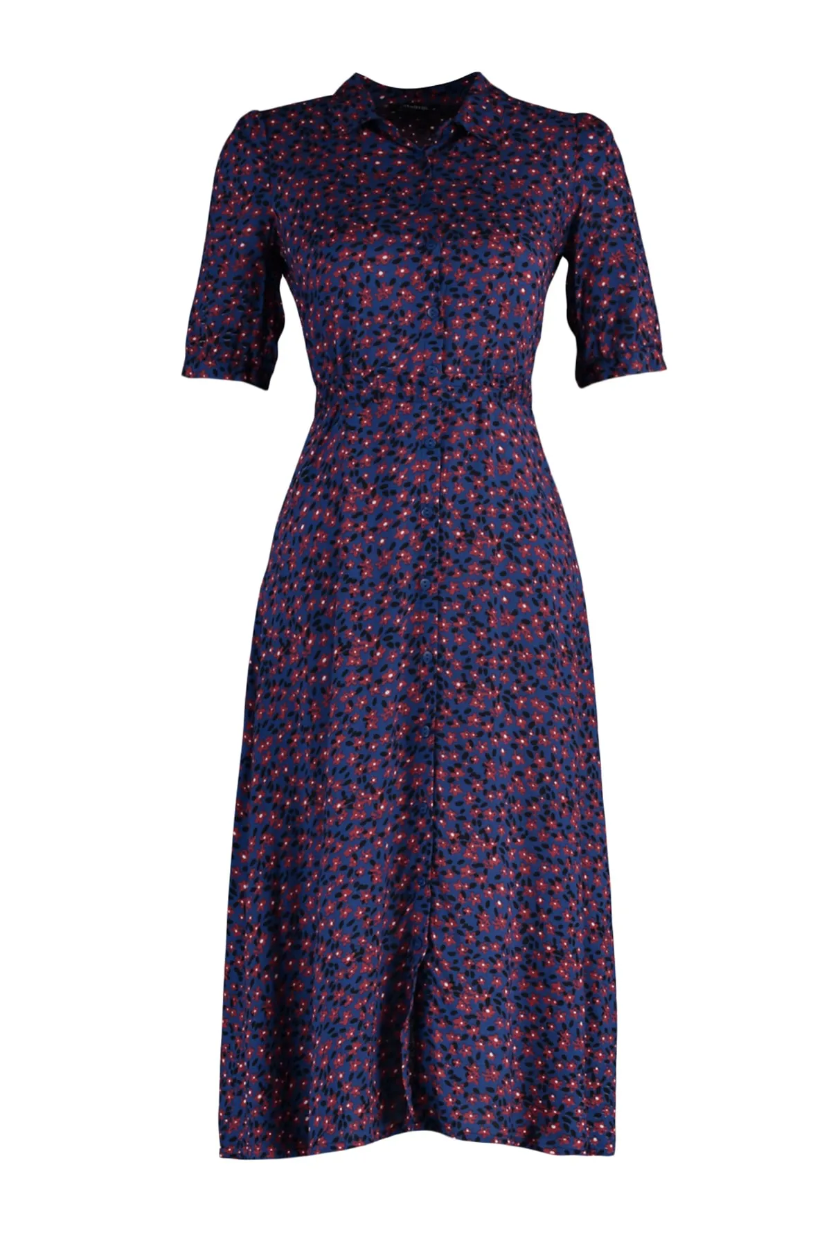 Trendyol Collection  Indigofarbenes, gewebtes Midi-Hemdkleid aus Viskose mit Blumenmuster und Gürtel TWOSS20EL1559