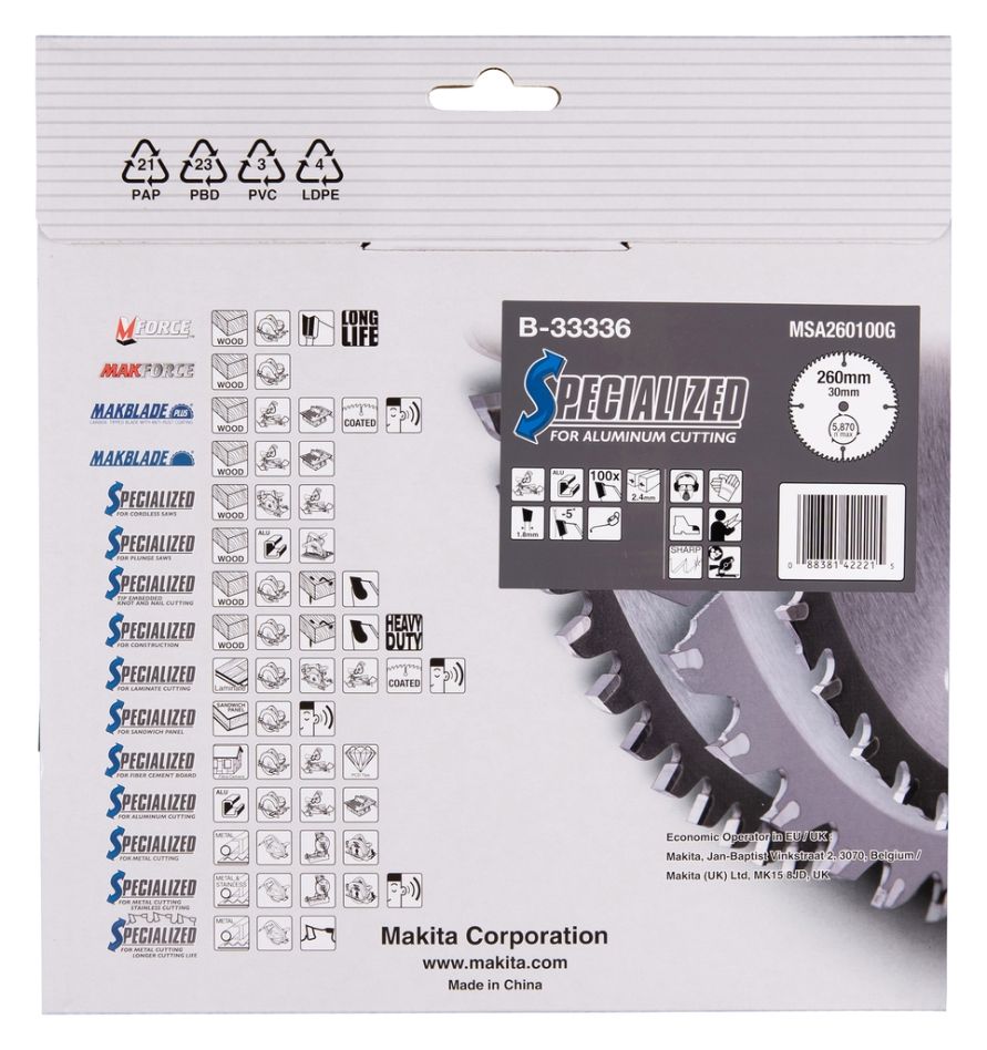 Makita pribor B-33336 HM list pile Specifikacije Aluminij 260 x 30 x 100T