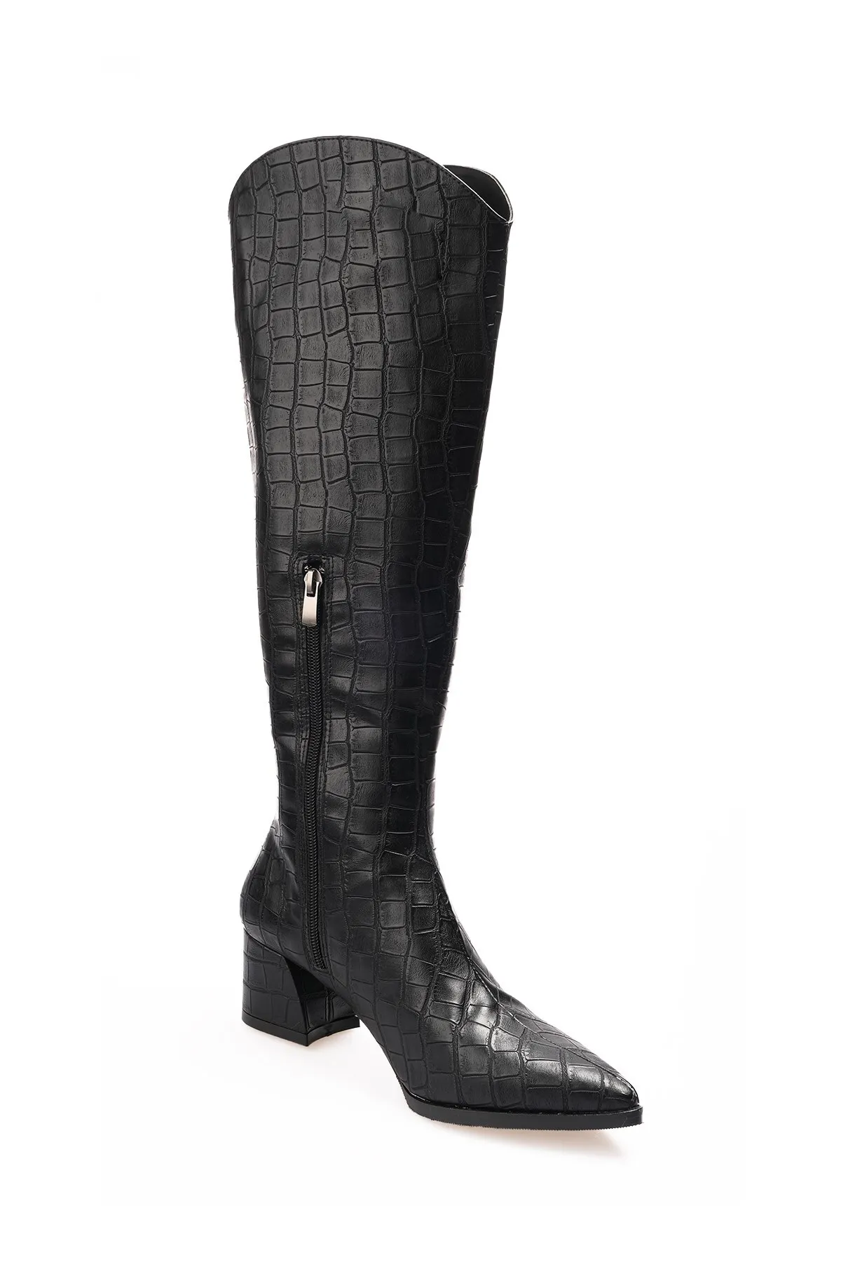 Mio Gusto  Siena High Heels für Damen in schwarzer Farbe mit Krokodilmuster, seitlichem halbem Reißverschluss und dünnem Fellfutter