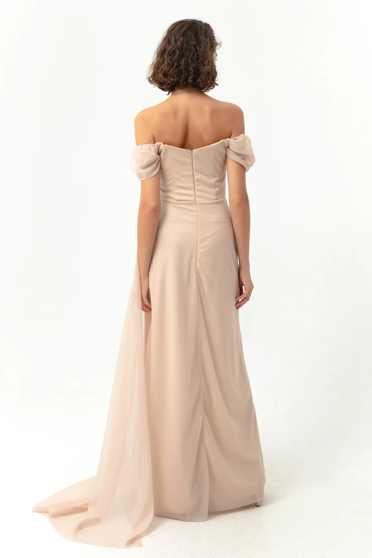 Lafaba  Damen-Abendkleid in Beige mit U-Boot-Ausschnitt, drapiertem Schlitz, langes Glitzer-Abendkleid
