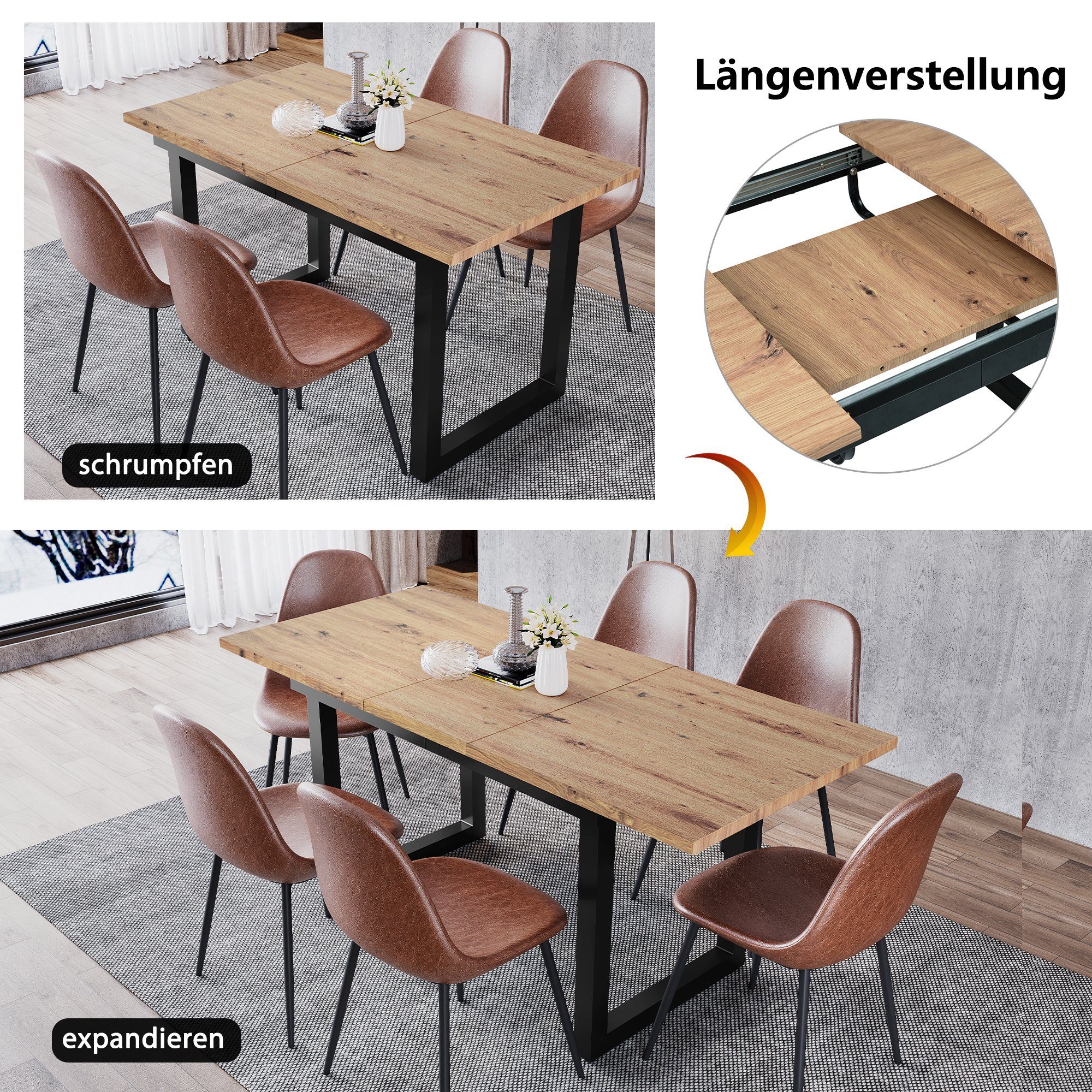 Flieks Esstisch (1-St), ausziehbar 140-180cm Tischplatte Esszimmertisch rechteckig, Eisenbeine