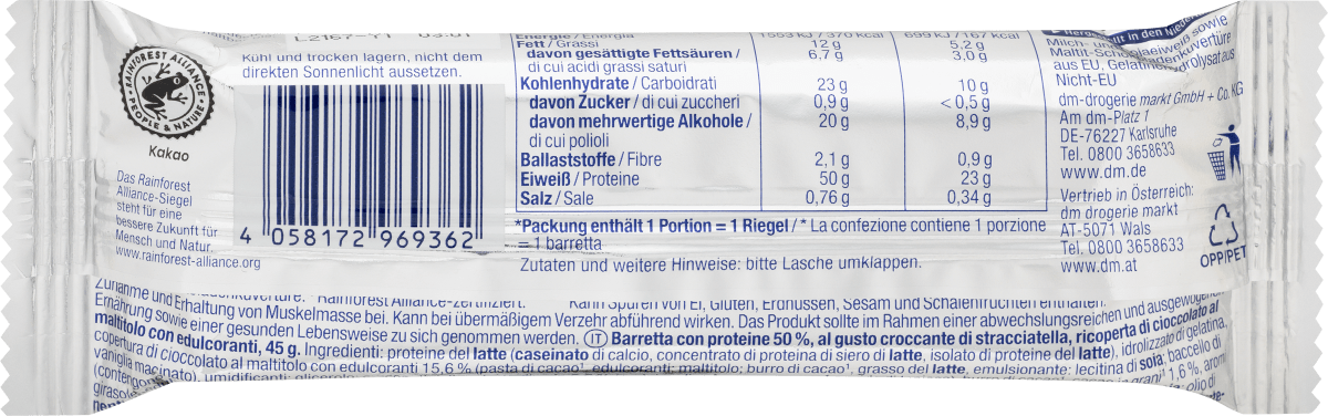 Proteinriegel 50%, Crispy Stracciatella Geschmack, 45 g