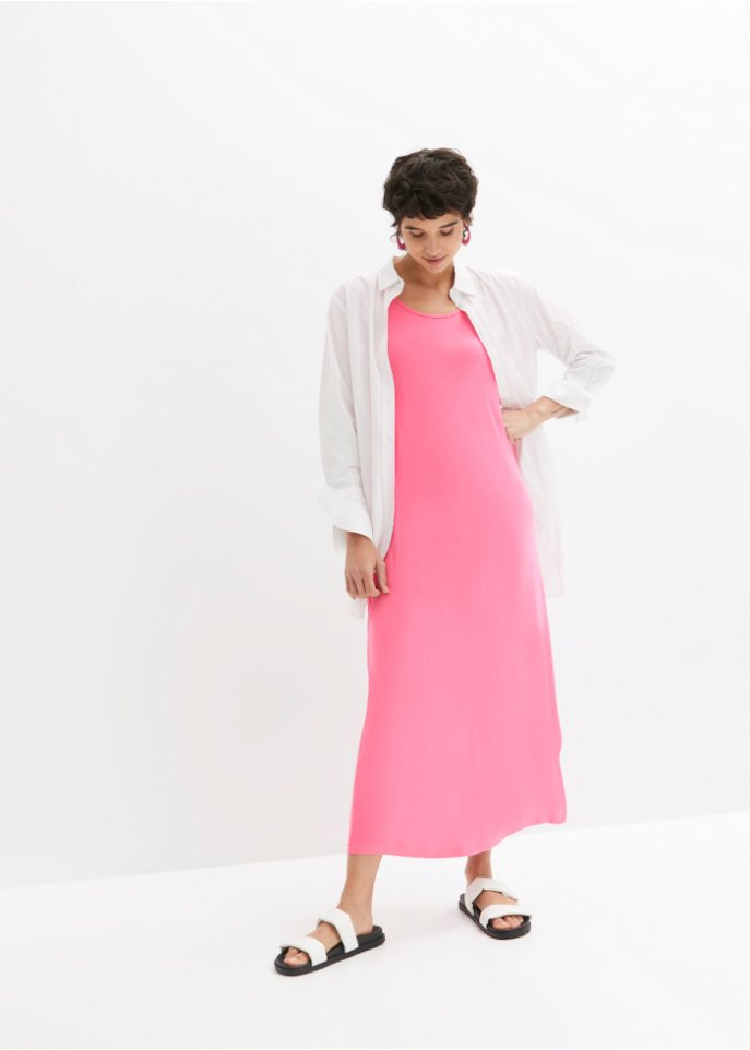 Bequem geschnittenes Shirt-Kleid mit Schlitz in Midi-Länge