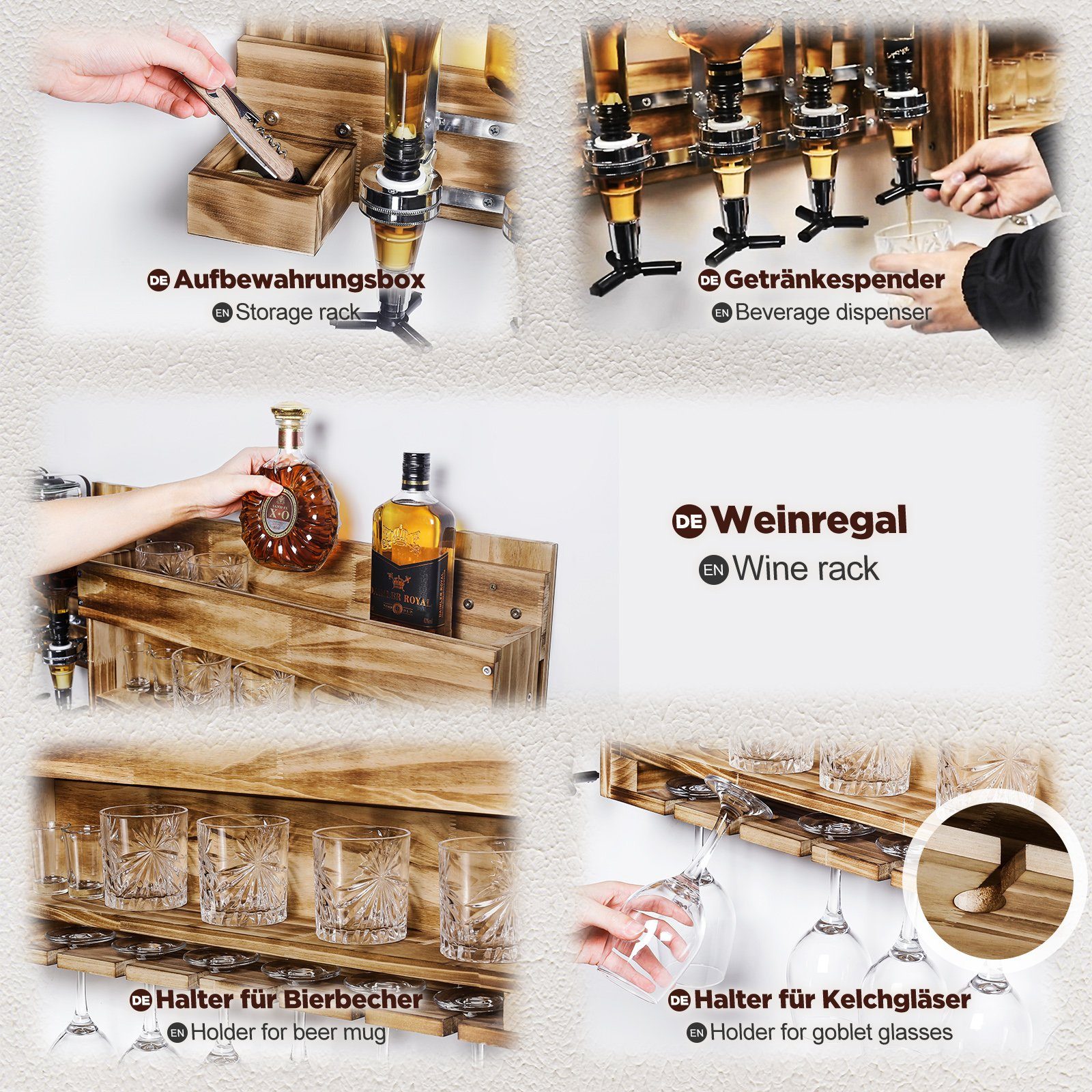 Yorbay Weinregal Weinregal aus Holz, Wandbar mit 4 Getränkespender, Wandmontage Wand Flaschenhalter Vintage Stil