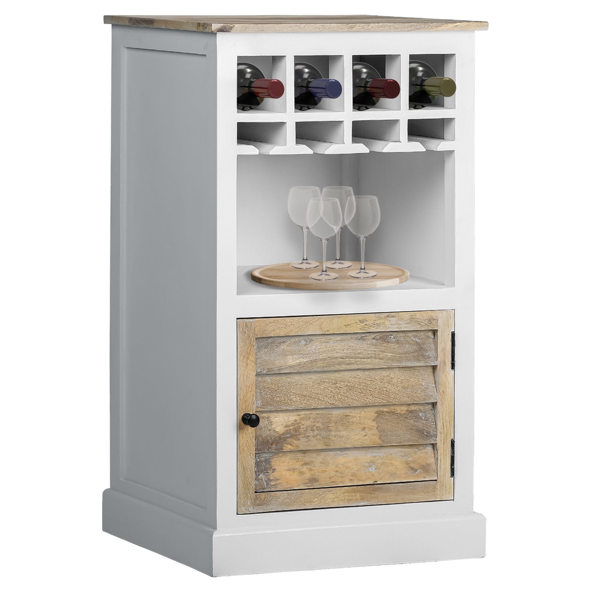 WOMO-DESIGN Weinregal Küchenschrank Peking Flaschenregal Weinständer Sideboard, Gläserhalterung 55x95x42cm Weiß/Holzoptik Unikat für 4 Flaschen