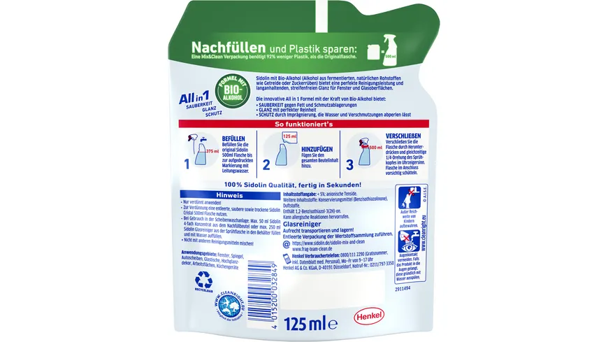 Sidolin Glasreiniger Streifenfrei Mix & Clean Cristal Nachfüllbeutel 125 ml
