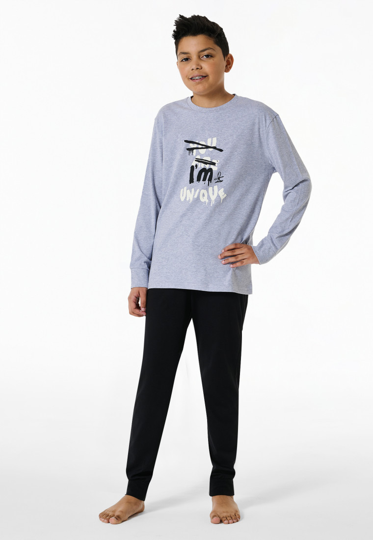 Schlafanzug lang Bündchen grau-meliert - Nightwear