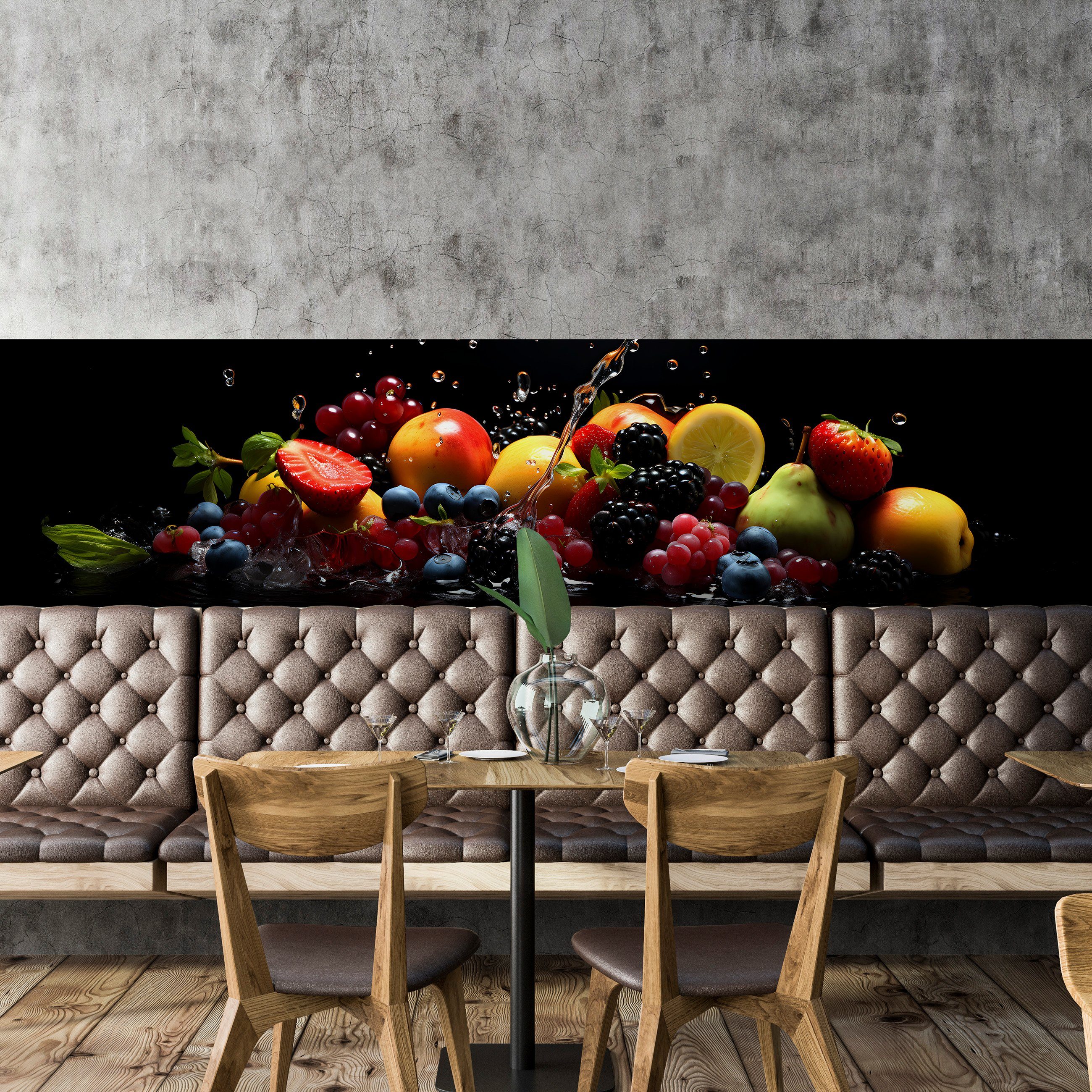 Wallarena Fototapete Küche Obst Zitronen Himbeeren Vlies Tapete Wandtapete 250x60 cm, Glatt Vlies, Abwaschbares Vlies, Blaubeeren, Modern, Wasser, Tapete inklusive Kleister Vliestapete Motivtapete Laminiert Waschbar