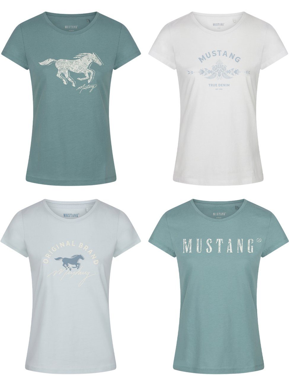 MUSTANG T-Shirt Damen Logo Printshirt Alexia C Logo Slim Fit (4-tlg) Basic Kurzarm Tee Shirt mit Rundhalsausschnitt aus 100% Baumwolle