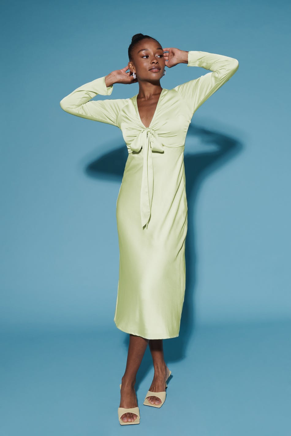 Tie front satin midi dress