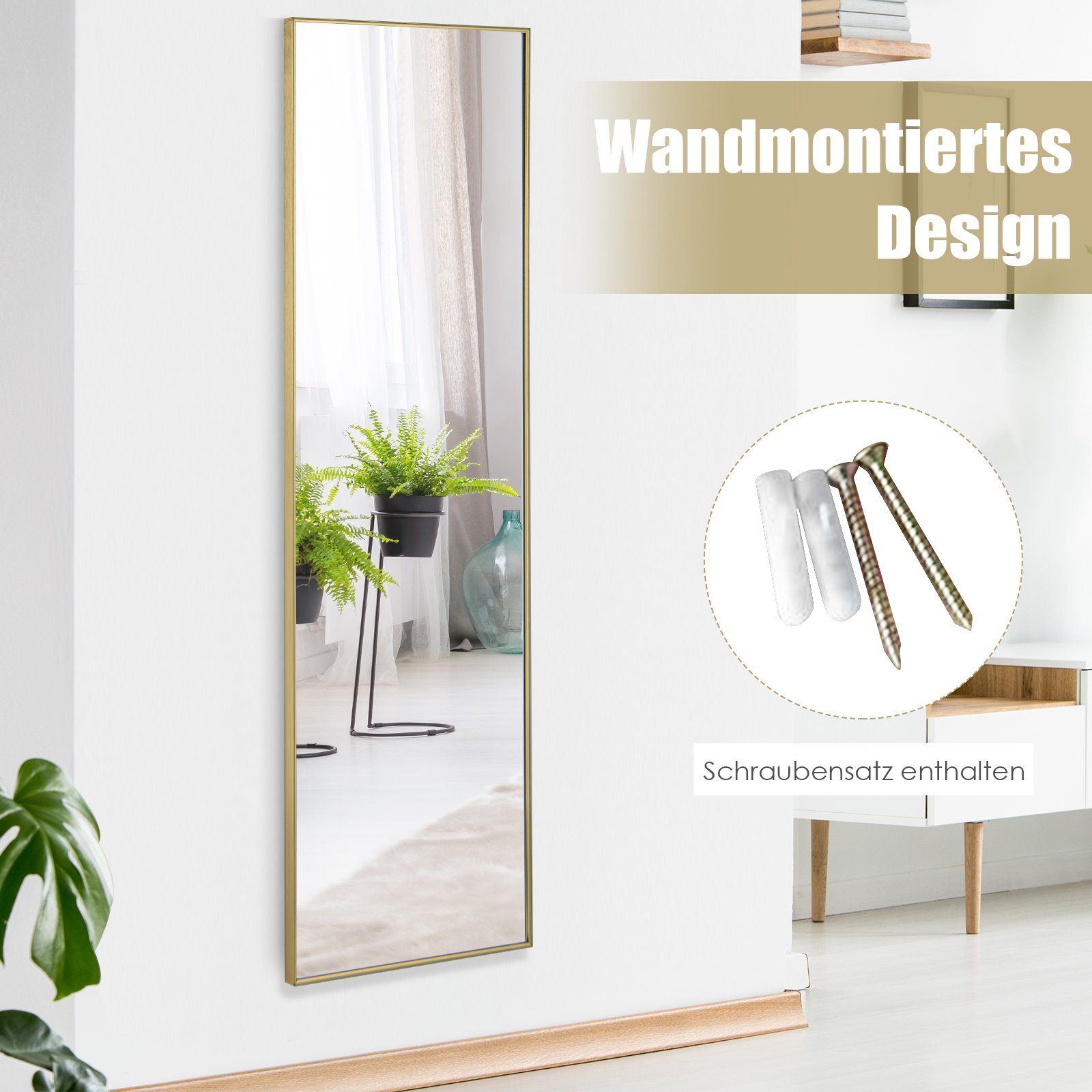 COSTWAY Wandspiegel, Ganzkörper, 37x120cm, höhenverstellbare Hängehaken, Alu
