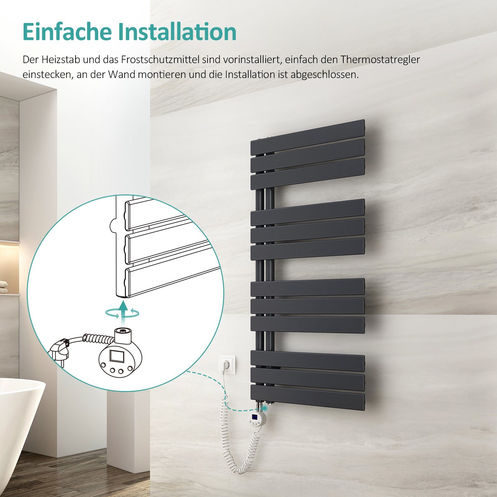 EMKE Paneelheizkörper Elektrischer Badheizkörper Handtuchwärmer mit Thermostat, Handtuchtrokner inkl Heizstab mit timer