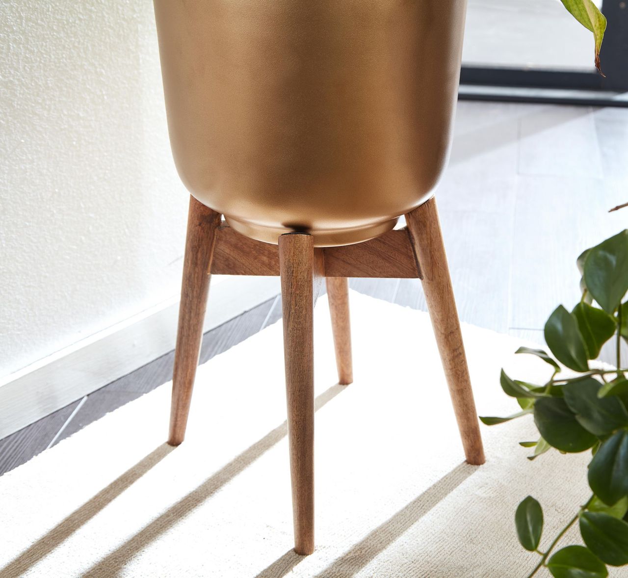 Skyport WOHNLING Blumentopf 2er Set Metall Holz Pflanzenkübel Gold Rund Pflanzgefäß