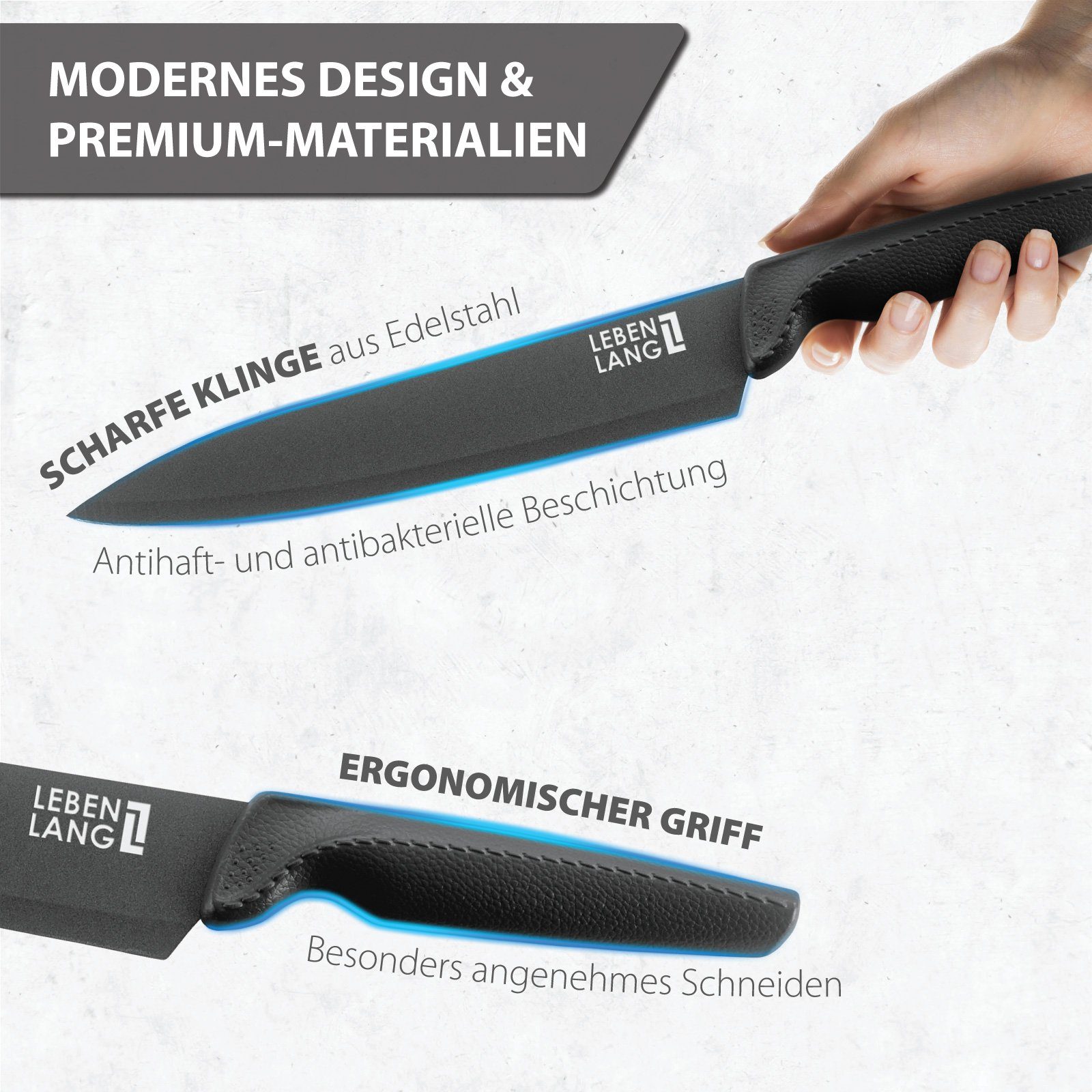 Lebenlang Messer-Set Messerset 5-teilig Edelstahl schwarz Scharfes Küchenmesser Set (5-tlg), Küchenhelfer mit black knives Scharfe Messer für Küche Küchenzubehör