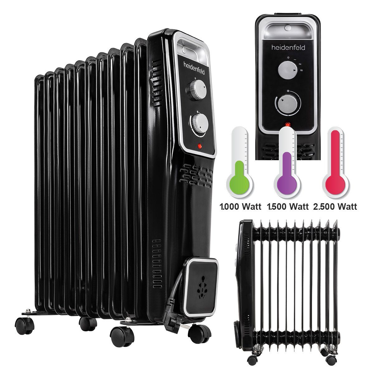 Heidenfeld Ölradiator Mobiler Elektro Heizkörper ÖR100 Heizung inkl. 3 J. Garantie, 2500 W, Thermostat - Heizstrahler - Elektroheizung - Heizlüfter