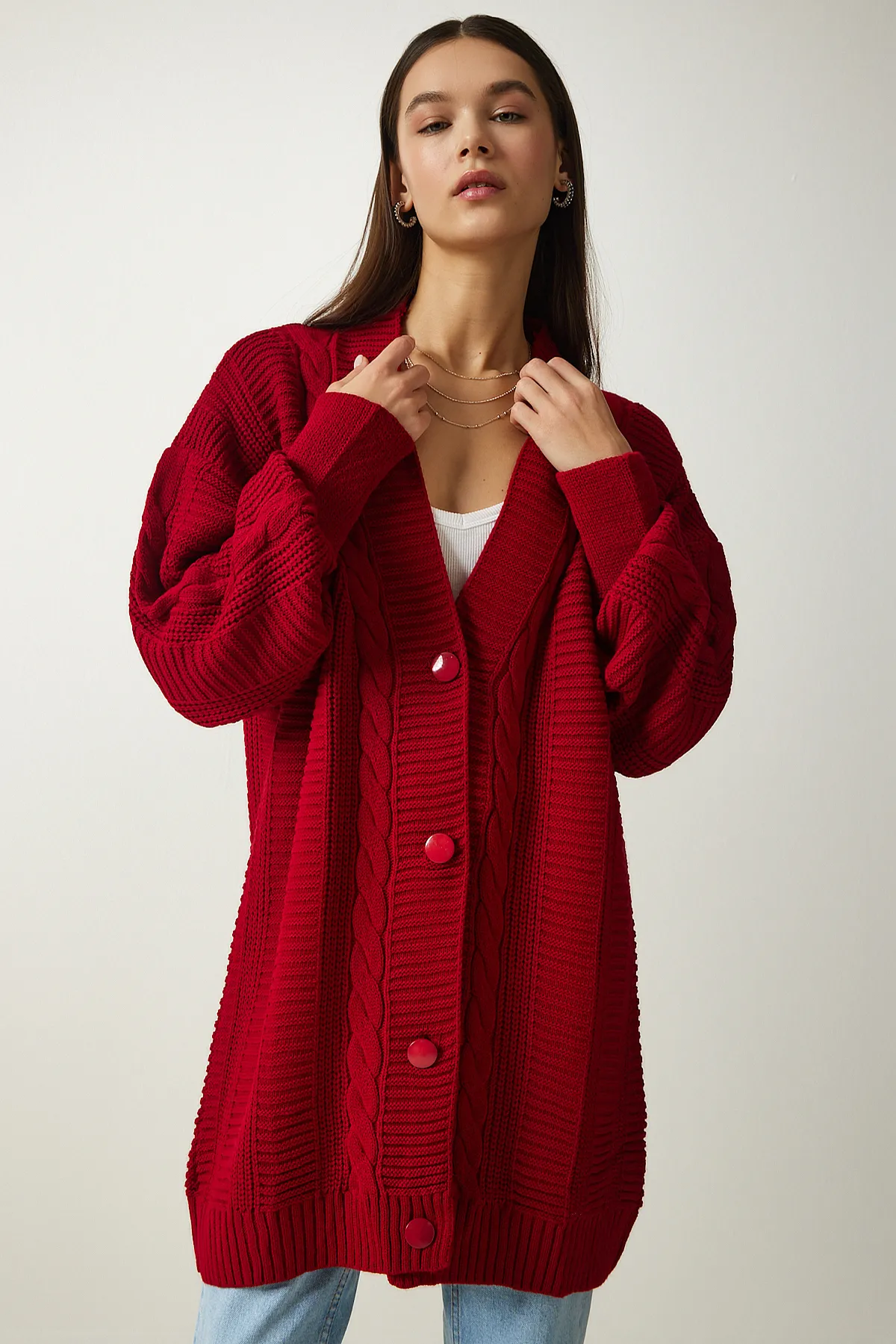 Happiness İstanbul  Roter Oversize-Strick-Cardigan mit Ballonärmeln für Damen DD01033