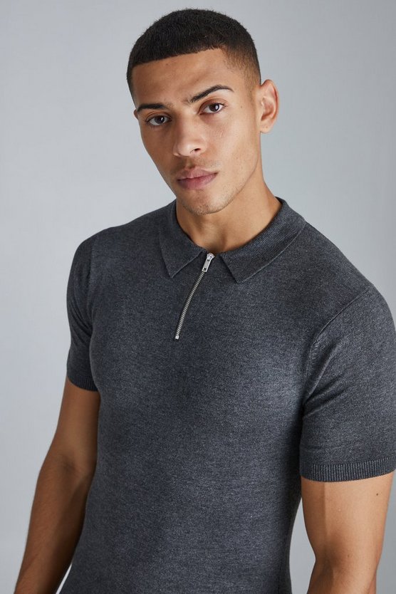 Recyceltes Muscle-Poloshirt mit Reißverschluss und kurzen Ärmeln
