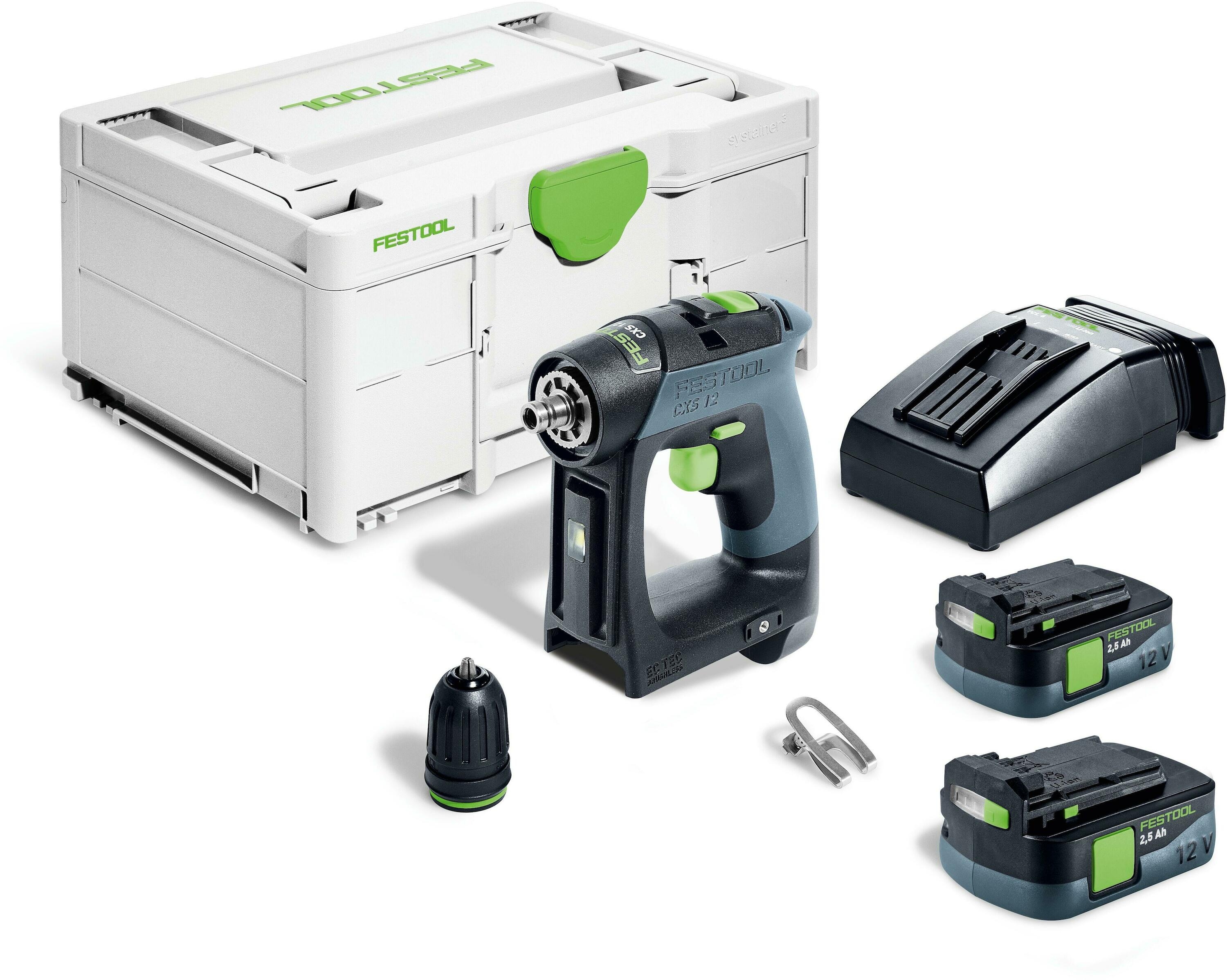 Festool 576864 Batteridrevet drill CXS 12 2.5-Plus 2x 12V 2.5Ah batteri og lader i koffert