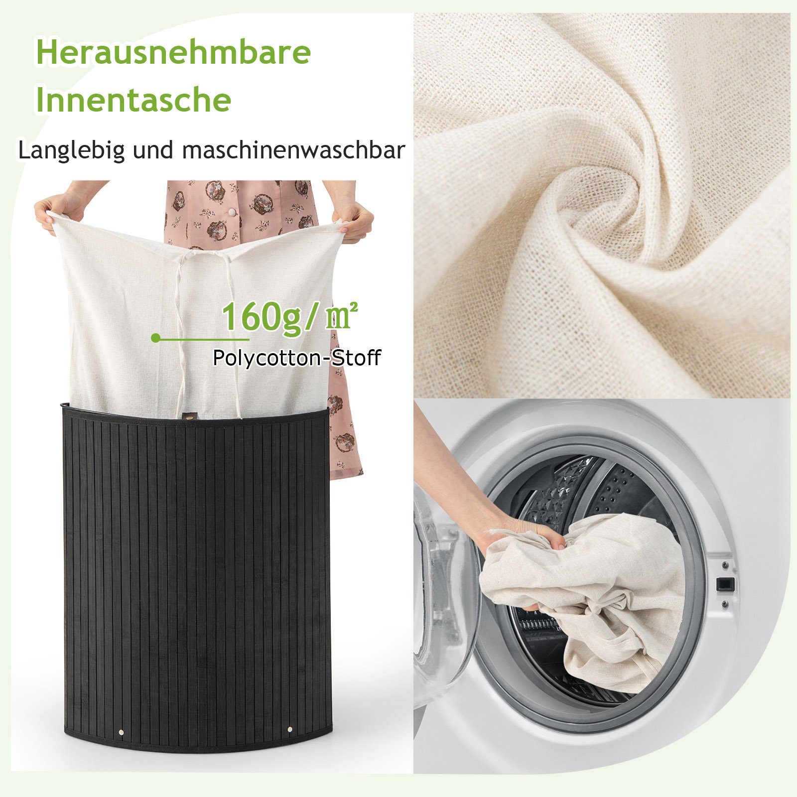 COSTWAY Wäschekorb, mit Deckel, 58L, Bambus, mit ausnehmbarer Innentasche