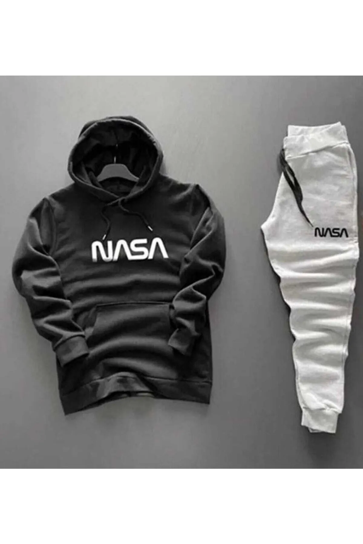 ELSİ  Unisex-Trainingsanzug-Set „Nasa Written“ in Schwarz mit Kapuze und Grau