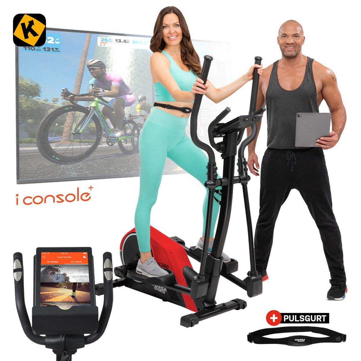 Miweba Sports Ellipsentrainer Profi Crosstrainer MC300 inkl. Pulsgurt - 21 kg Schwungmasse (8 Intensitätsstufen, 16 Trainings Programme, Cardio, Fitnessgerät, Sportgerät, verstellbar, 1-tlg., iConsole, Kinomap, FitHiWay App, großes LCD Display, Table