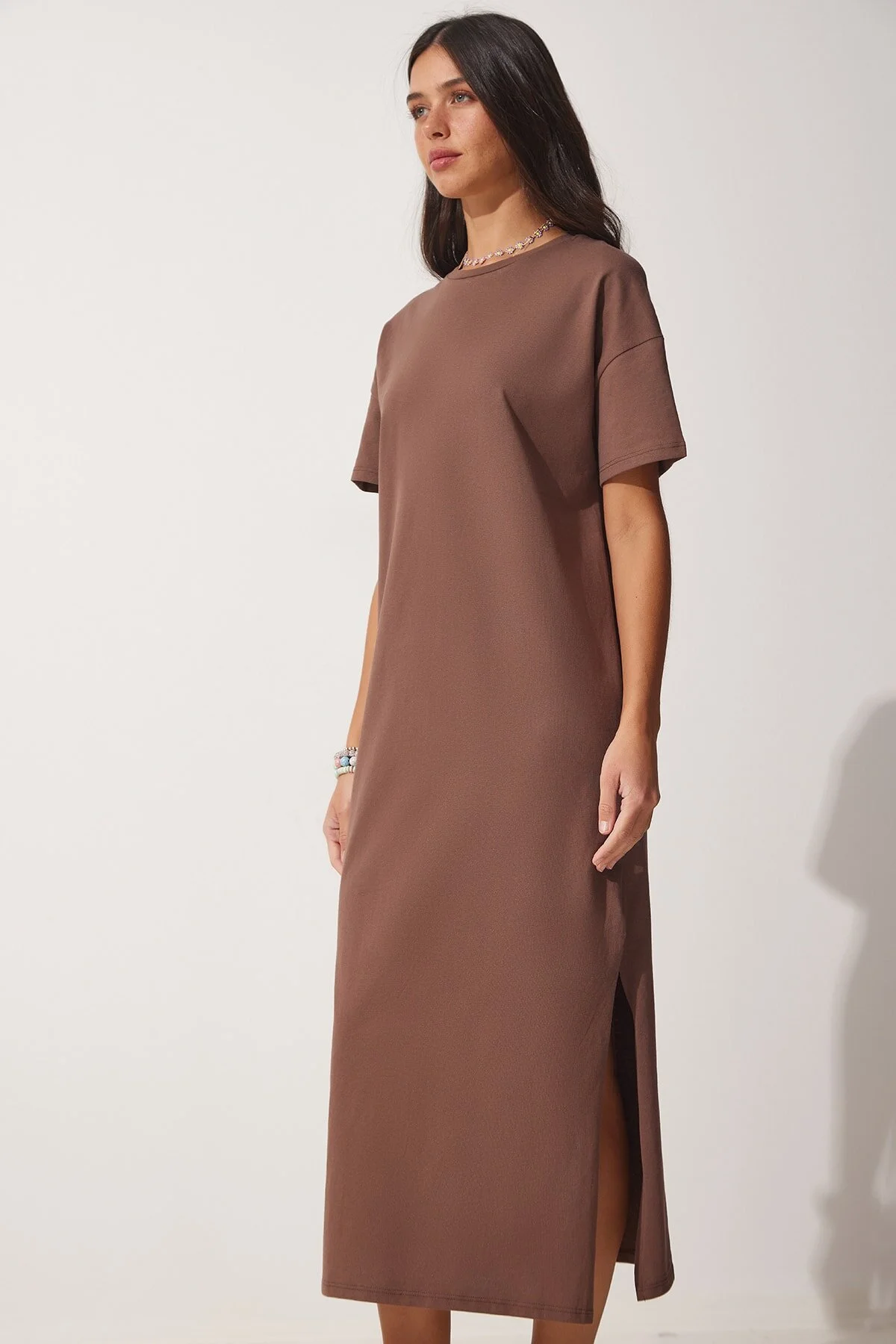 Happiness İstanbul  Damen-Sommerkleid aus gekämmter Baumwolle aus brauner Baumwolle UB00080