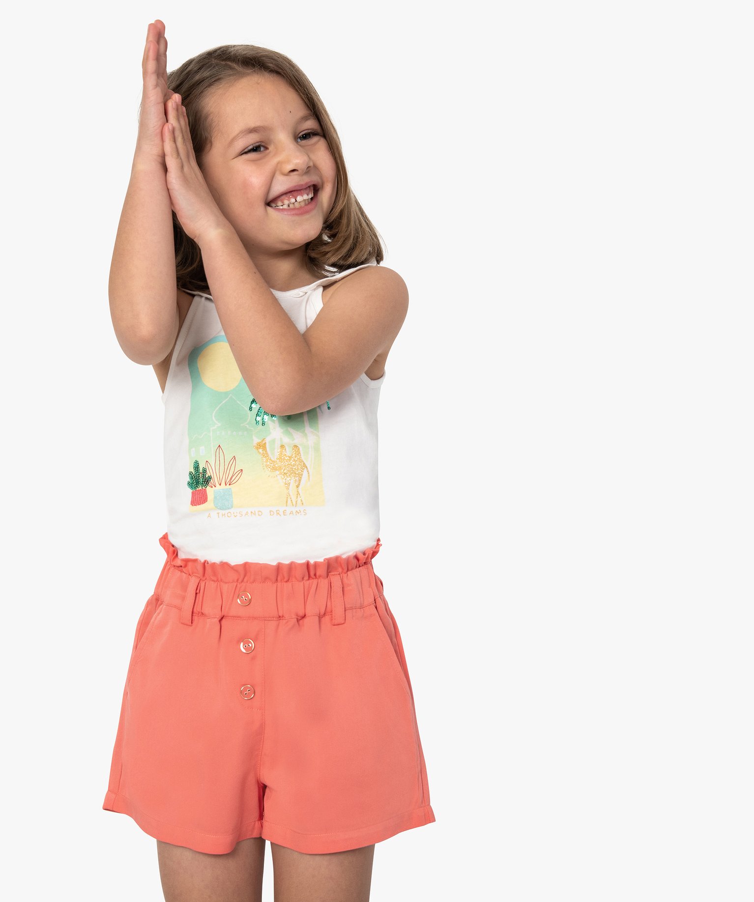 Short fille ample et fluide avec taille froncée rose | GEMO