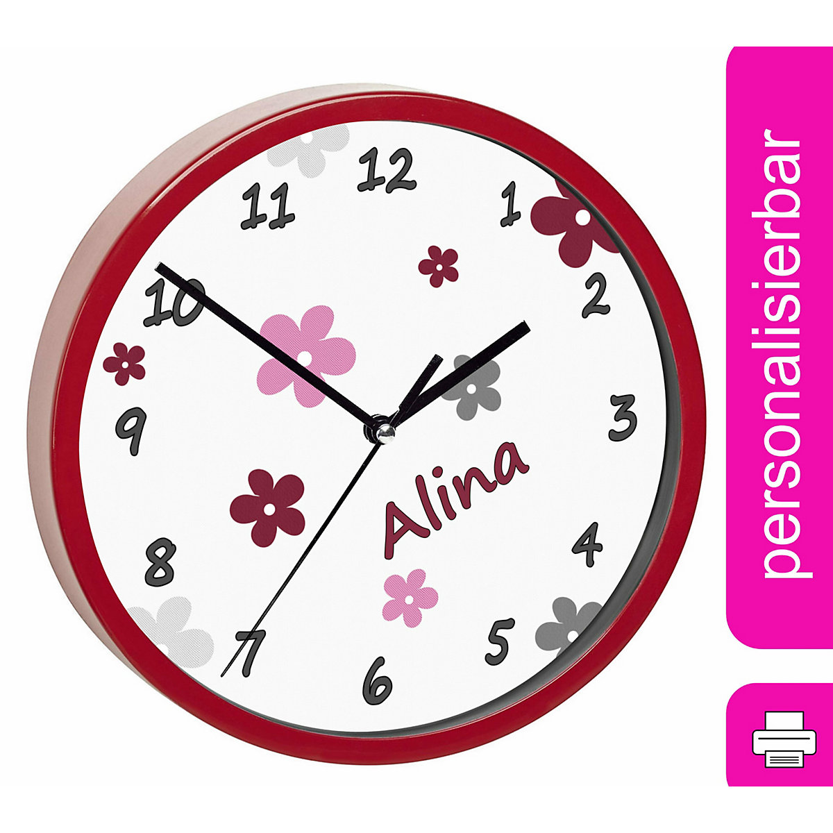 Kinder Wanduhr personalisiert mit Name Blumen Brombeere Grau