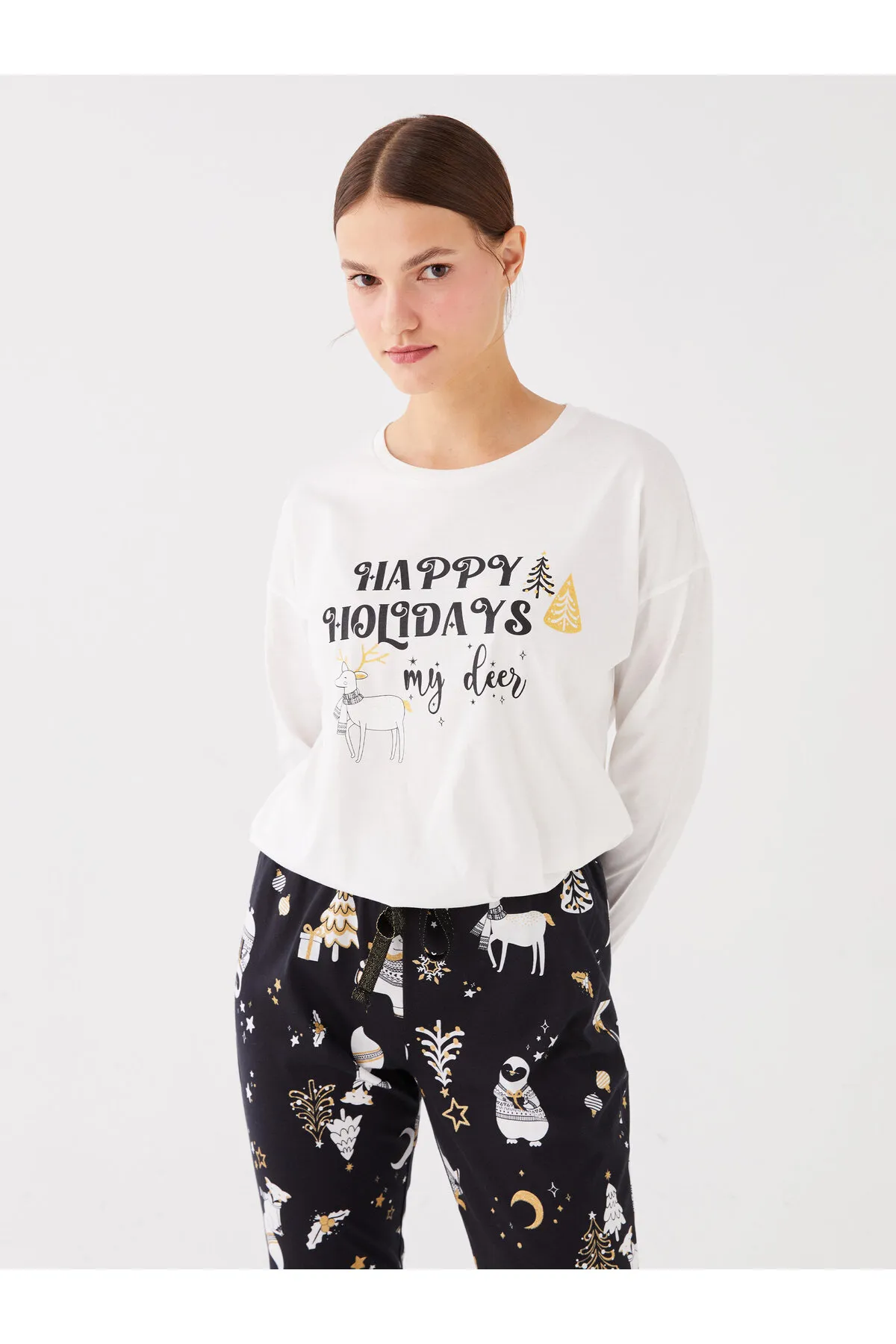 LC Waikiki  Langarm-Damenpyjama-Set mit Rundhalsausschnitt und Neujahrsmotiv