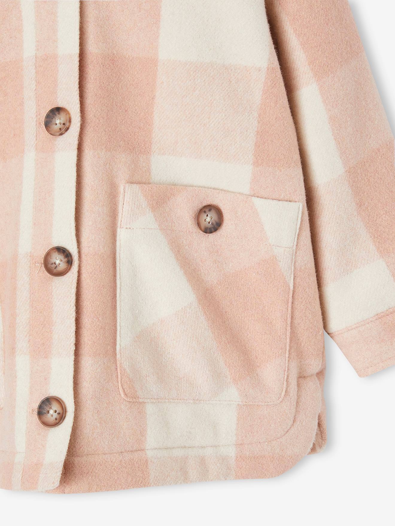 Manteau style surchemise en lainage à carreaux fille carreaux marron