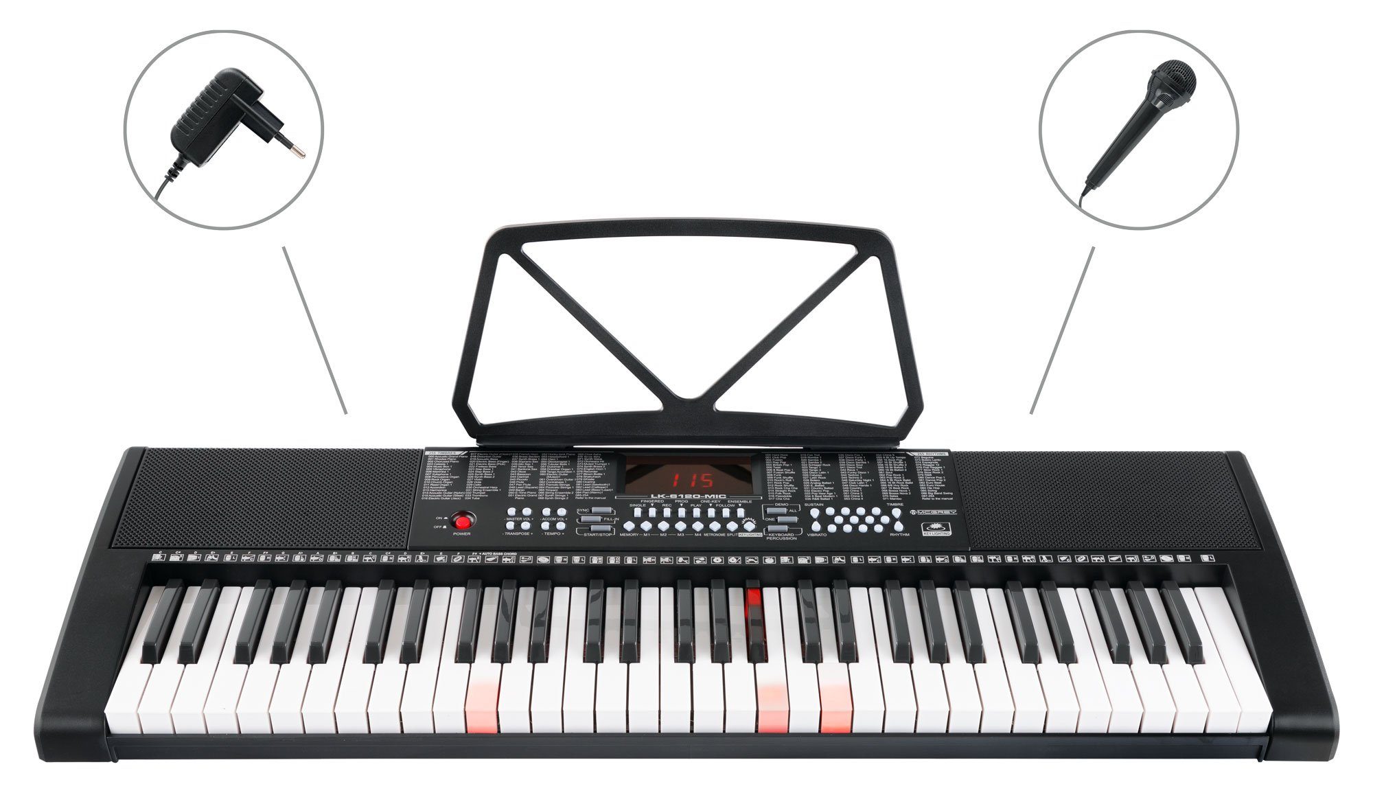 McGrey Home Keyboard LK-6120-MIC - Einsteiger-Keyboard mit 61 Leuchttasten, (2 tlg., Inkl. Mikrofon und Notenhalter), 255 Sounds und Rhythmen - 50 Demo Songs mit Lernfunktionen