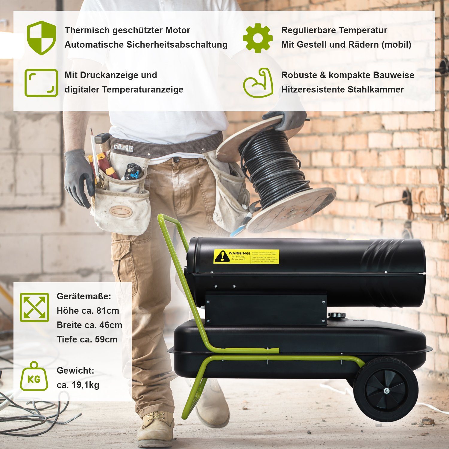 TroniTechnik Heizlüfter Diesel Heizkanone, Heizgerät TT-HK-243,30kW Leistung,integrierter Tank, 30000 W, Thermisch geschützter Motor, hitzeresistente Stahlkammer