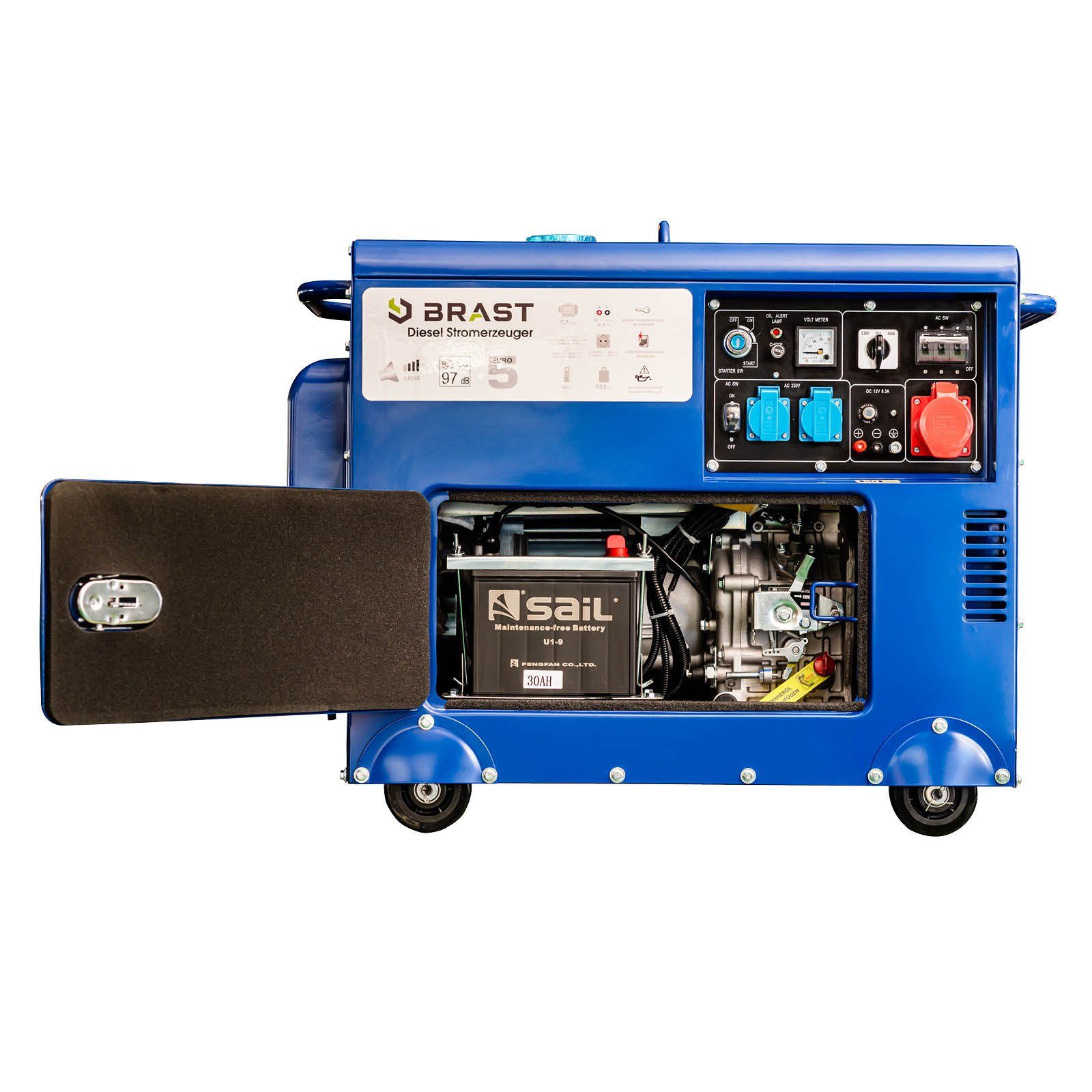 BRAST Stromerzeuger Diesel 5,7kW (7,7PS) mit 418cm³ 5000 Watt 4-Takt-Dieselmotor E-Start, (Zahlreiche Anschlüsse für flexiblen Einsatz lange Laufzeit), Generator Stromgenerator