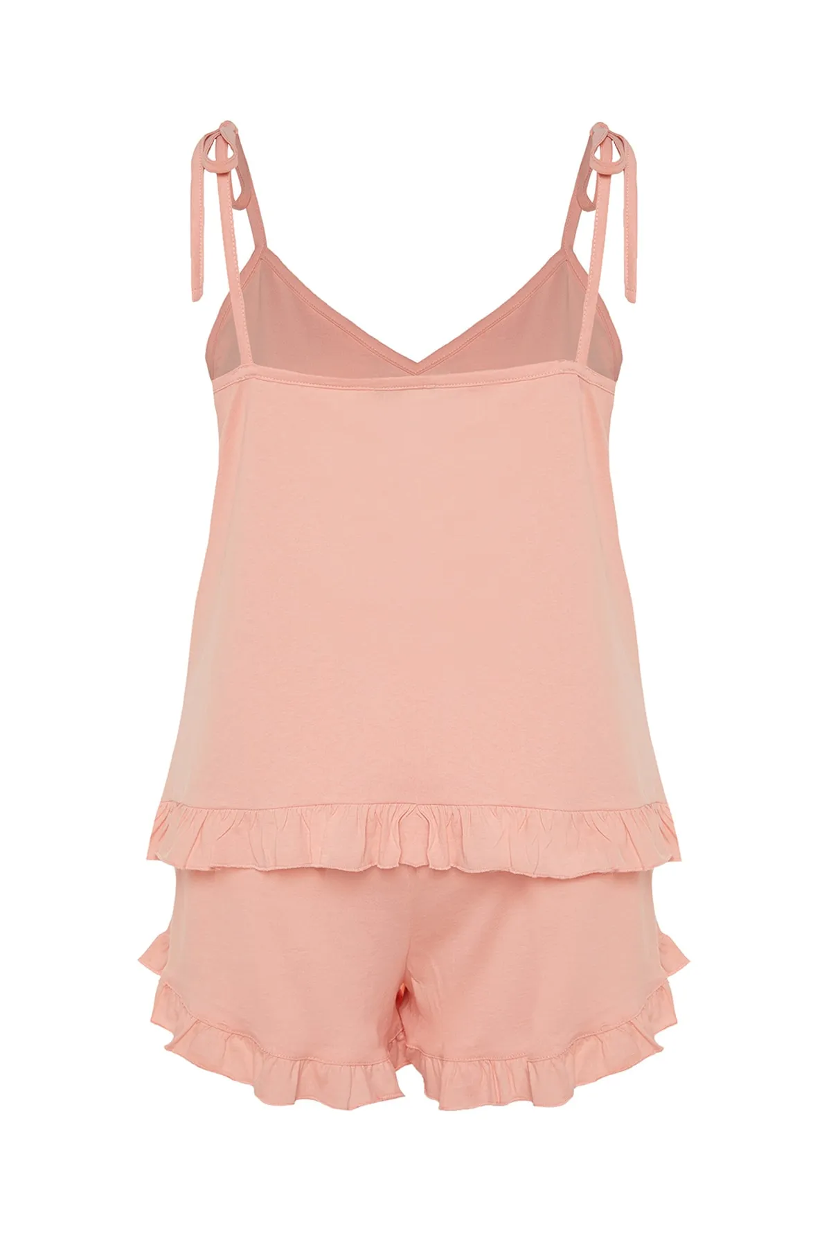 Trendyol Curve  Lachsfarbenes Pyjama-Set aus Strick mit Rüschendetail und Riemchen