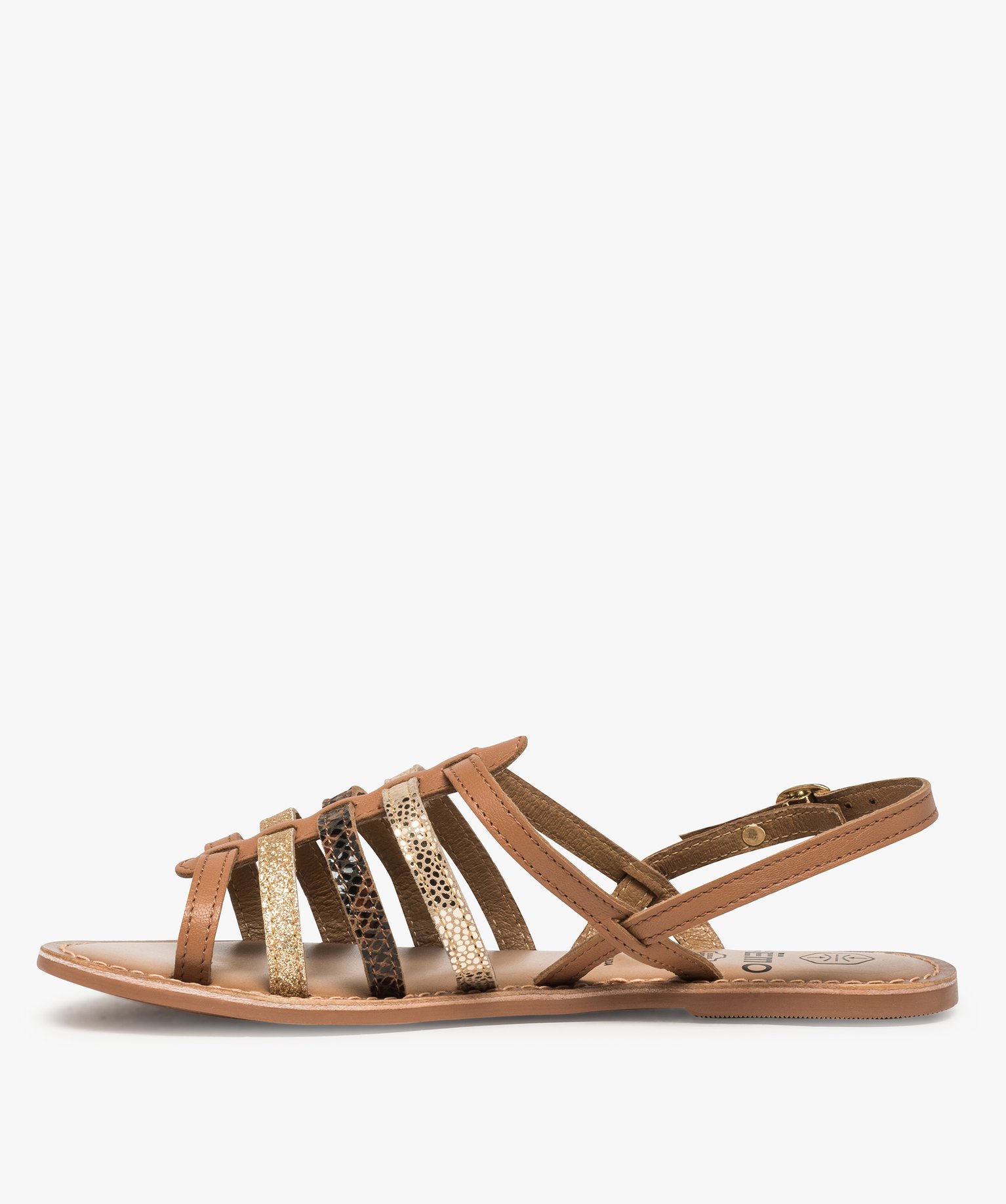 Sandales femme à talon plat et brides multiples en cuir camel | GEMO