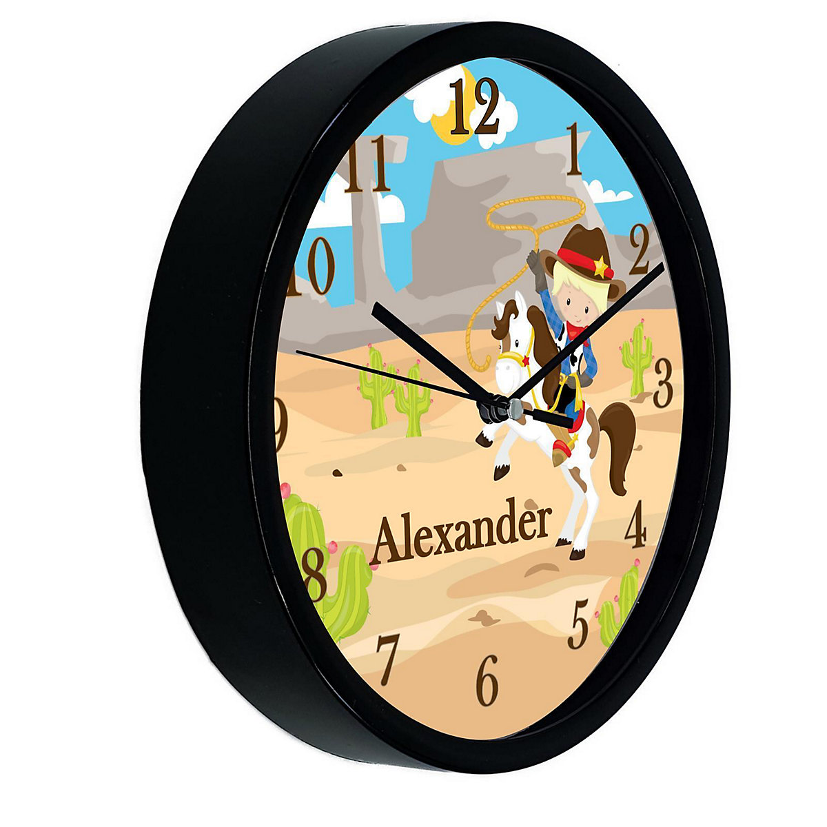 Kinder Wanduhr laufruhig personalisiert mit Name Cowboy