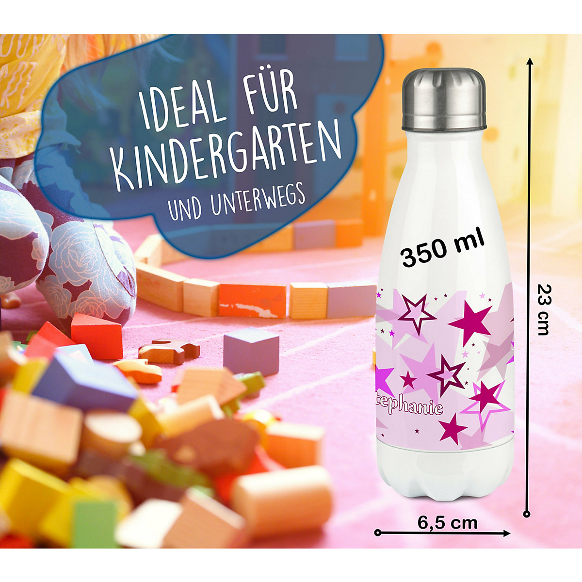 Edelstahl Kinder Thermoflasche / Trinkflasche bunt Sternenhimmel Farbe rosa Spülmaschinenfest, Auslaufsicher, Bruchfest, Doppelwandig, Für Heißgetränke geeignet, Mit Deckel, Isoliert