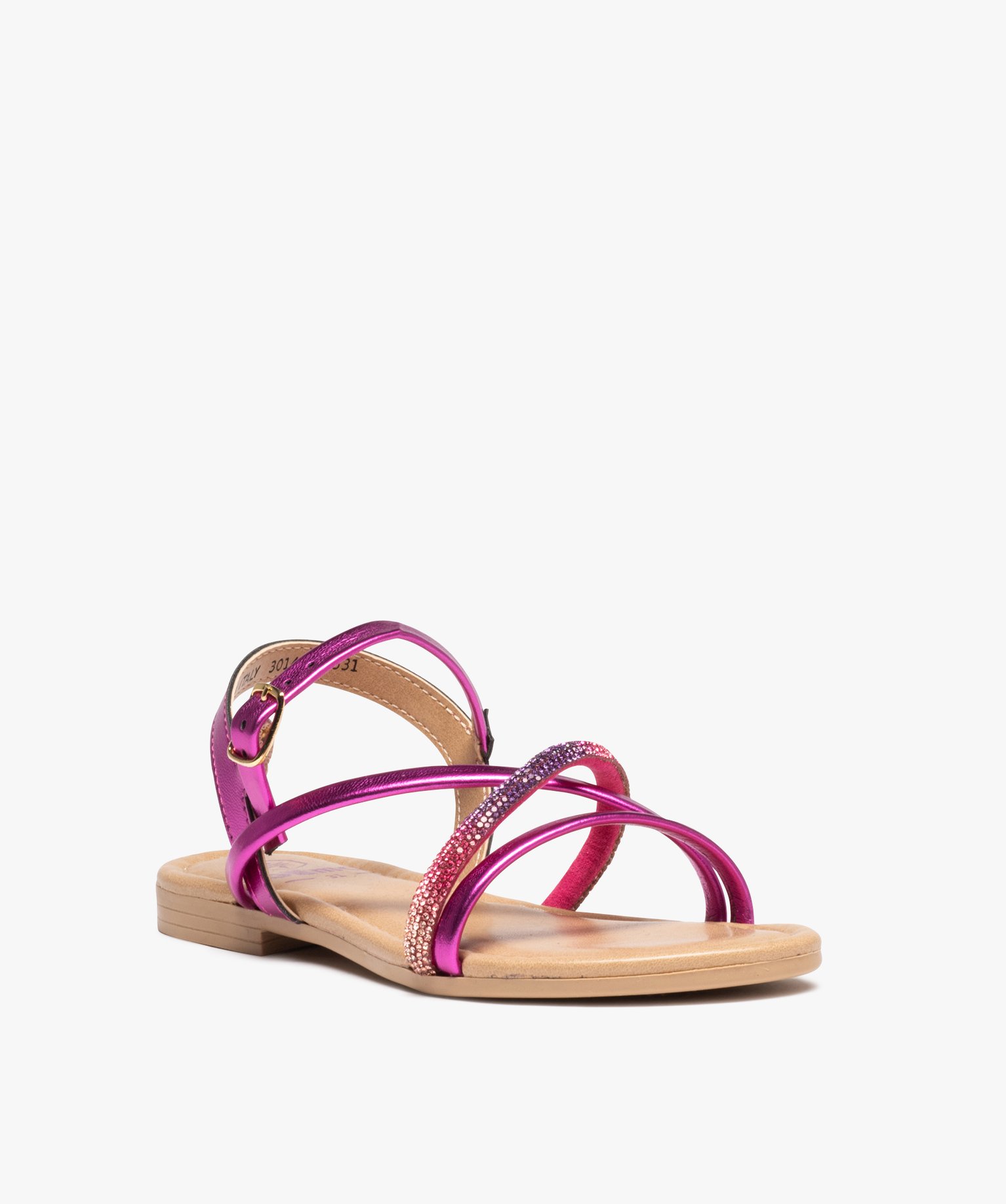 Sandales fille unies à fines brides croisées brillantes fuchsia | GEMO