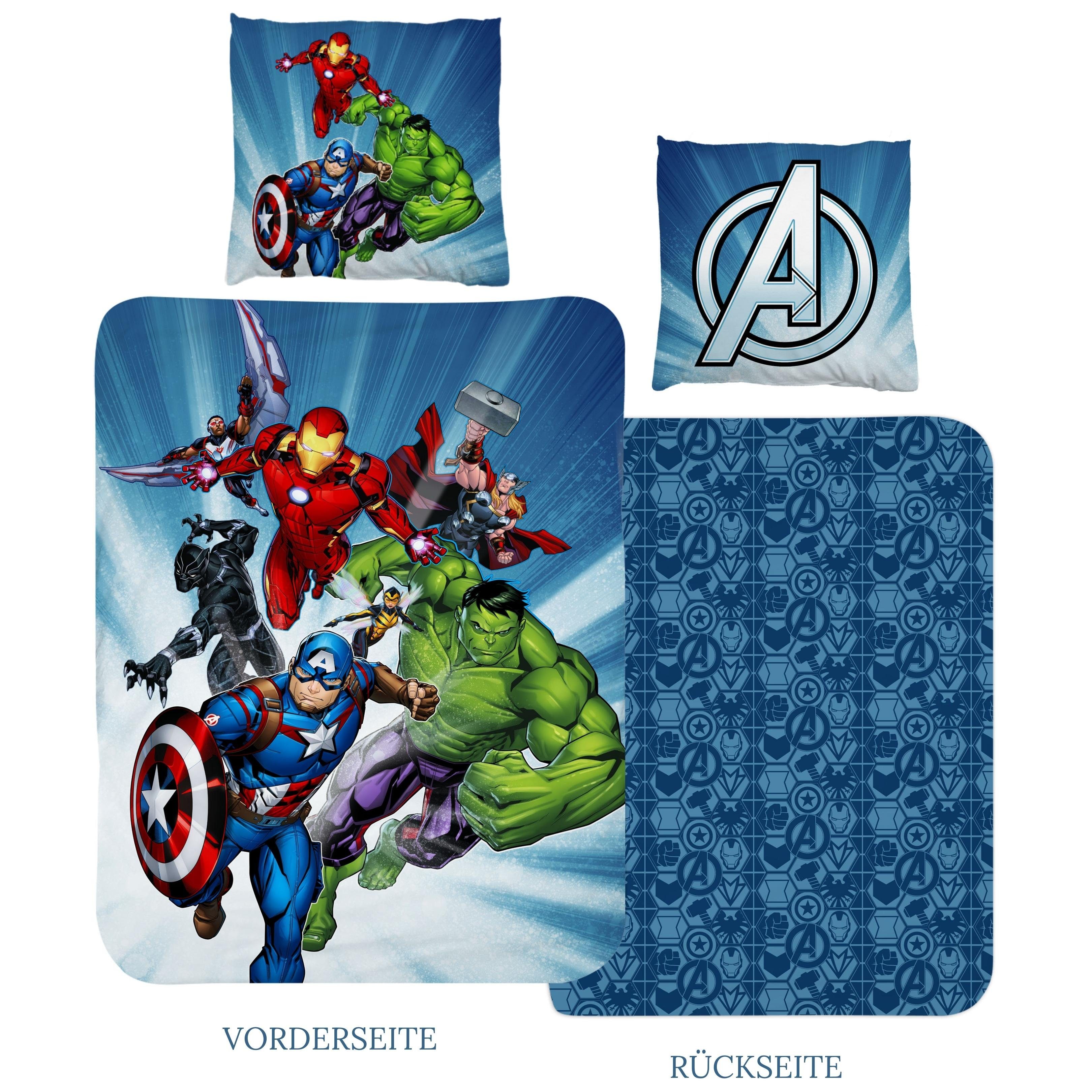 Bettwäsche Avengers Marvel 135x200 + 80x80 cm, 100 % Baumwolle, MTOnlinehandel, Renforcé, 2 teilig, Jungen Kinderbettwäsche mit Captain America, Iron Man, Hulk & Thor