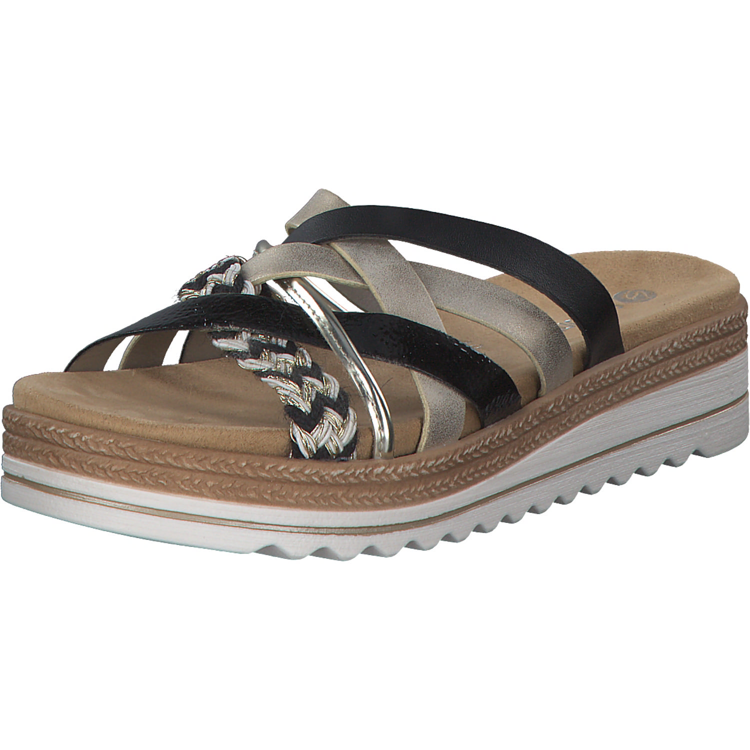 Remonte D0Q50, Plateau-Pantoletten, Damen, schwarz-weiss-gold/gold/musche