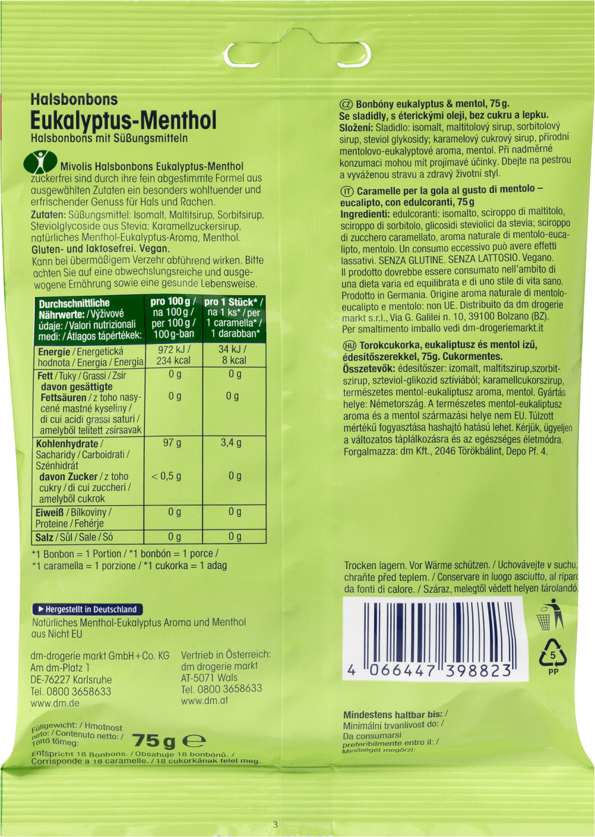 Bonbon, Eukalyptus-Menthol, zuckerfrei, 75 g
