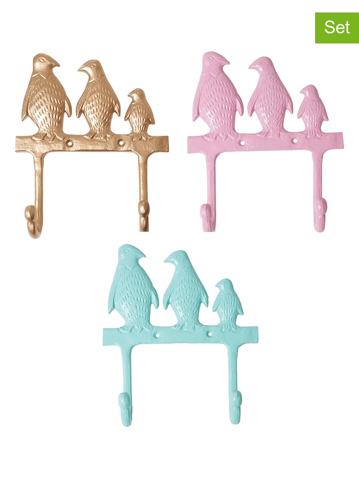 Rice 3er-Set: Garderobenhaken in Mint/ Rosa/ Gold - (B)19 x (H)22,5 x (T)6 cm günstig kaufen onesize
