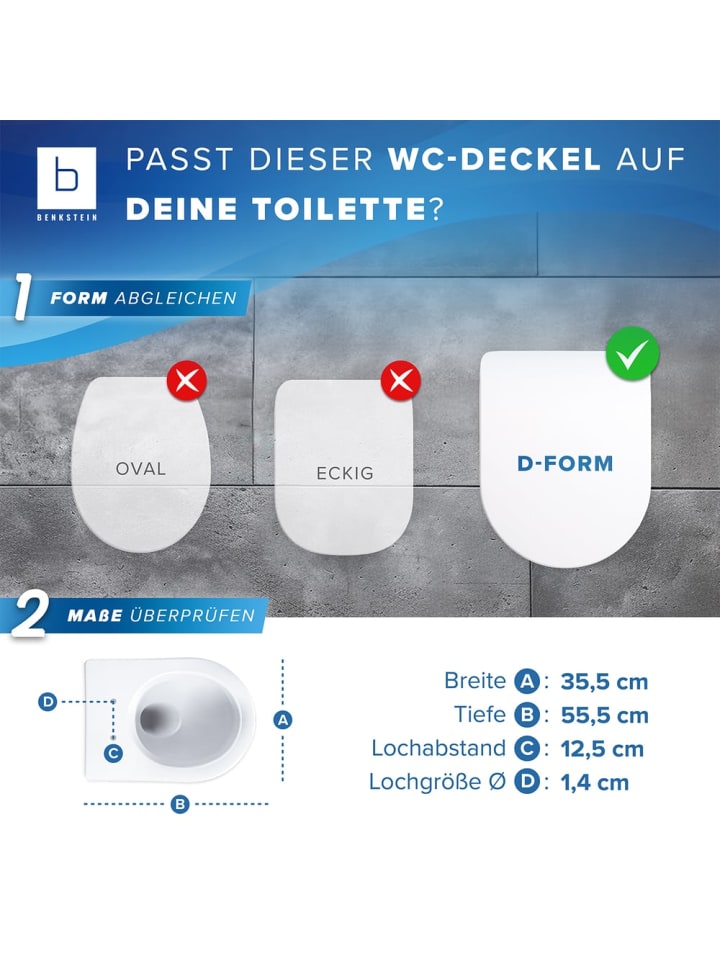 Benkstein BENKSTEIN Premium Toilettendeckel - antibakteriell D-Form weiß - Absenkautomati günstig kaufen onesize