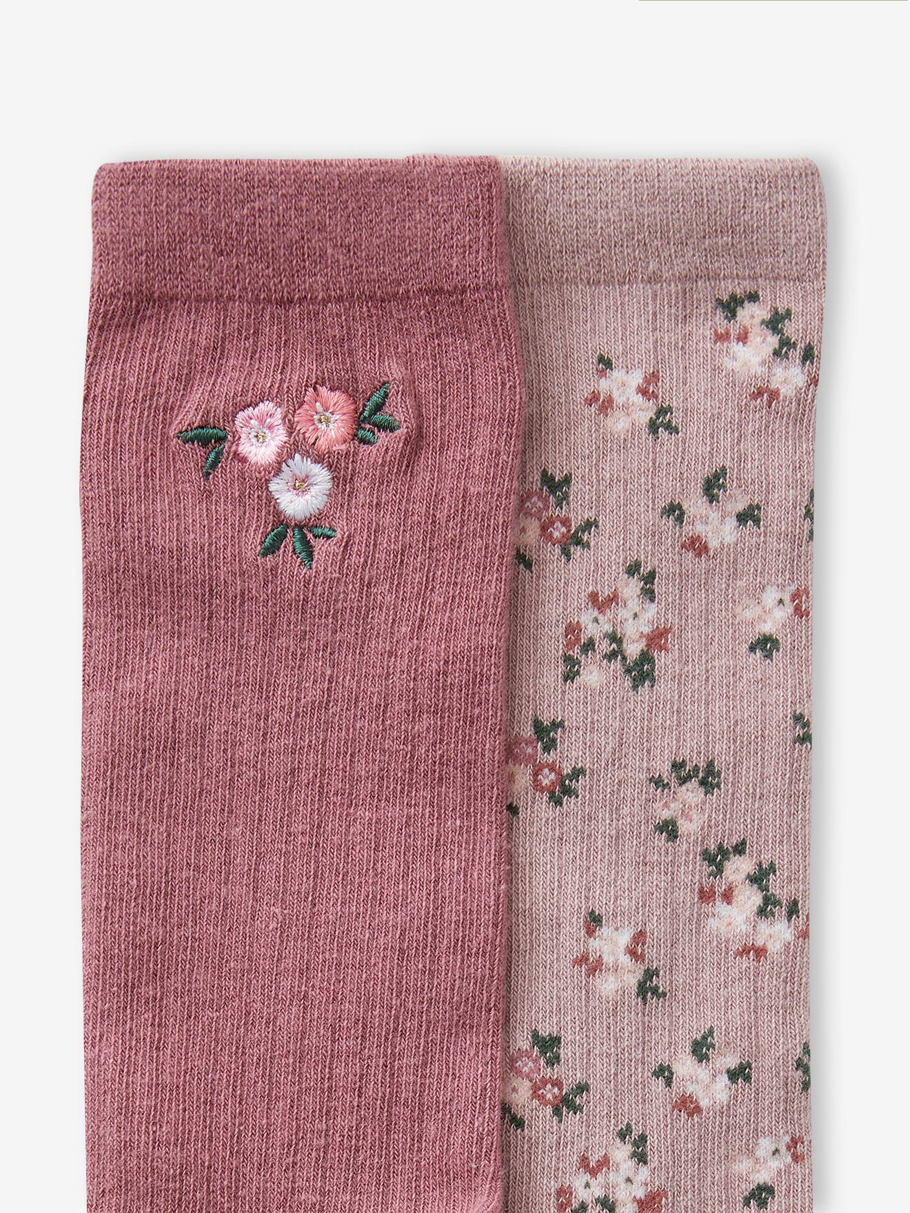 Lot de 2 paires de chaussettes hautes à fleurs en maille côtelée fille bois de rose