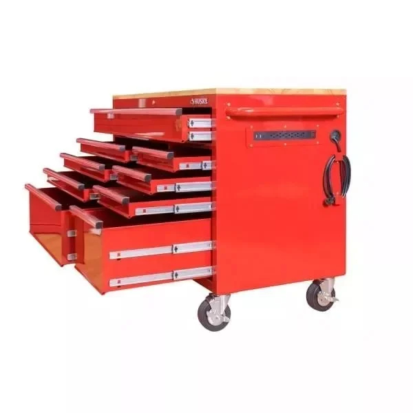 52 inches. 24 inches wide. D 9 drawer bright red mobile workbench