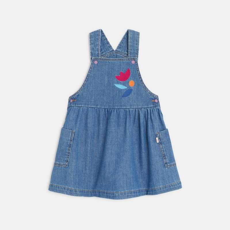 Robe salopette bébé fille denim brodée bleue Catimini